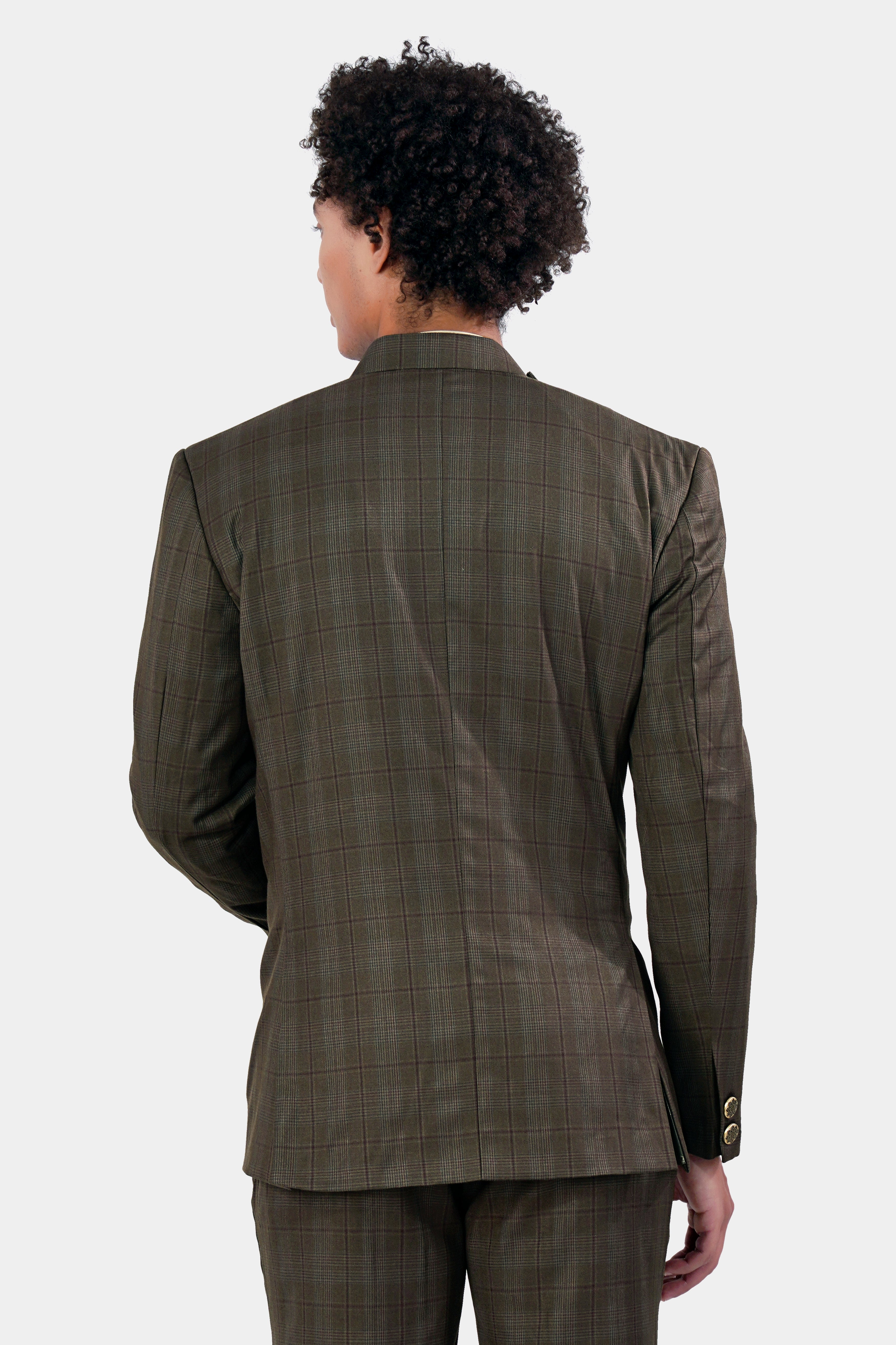 Fuscous Green and Bistre Brown Plaid Wool Rich Cross Buttoned Bandhgala Suit ST2951-CBG2-36, ST2951-CBG2-38, ST2951-CBG2-40, ST2951-CBG2-42, ST2951-CBG2-44, ST2951-CBG2-46, ST2951-CBG2-48, ST2951-CBG2-50, ST2951-CBG2-52, ST2951-CBG2-54, ST2951-CBG2-56, ST2951-CBG2-58, ST2951-CBG2-60