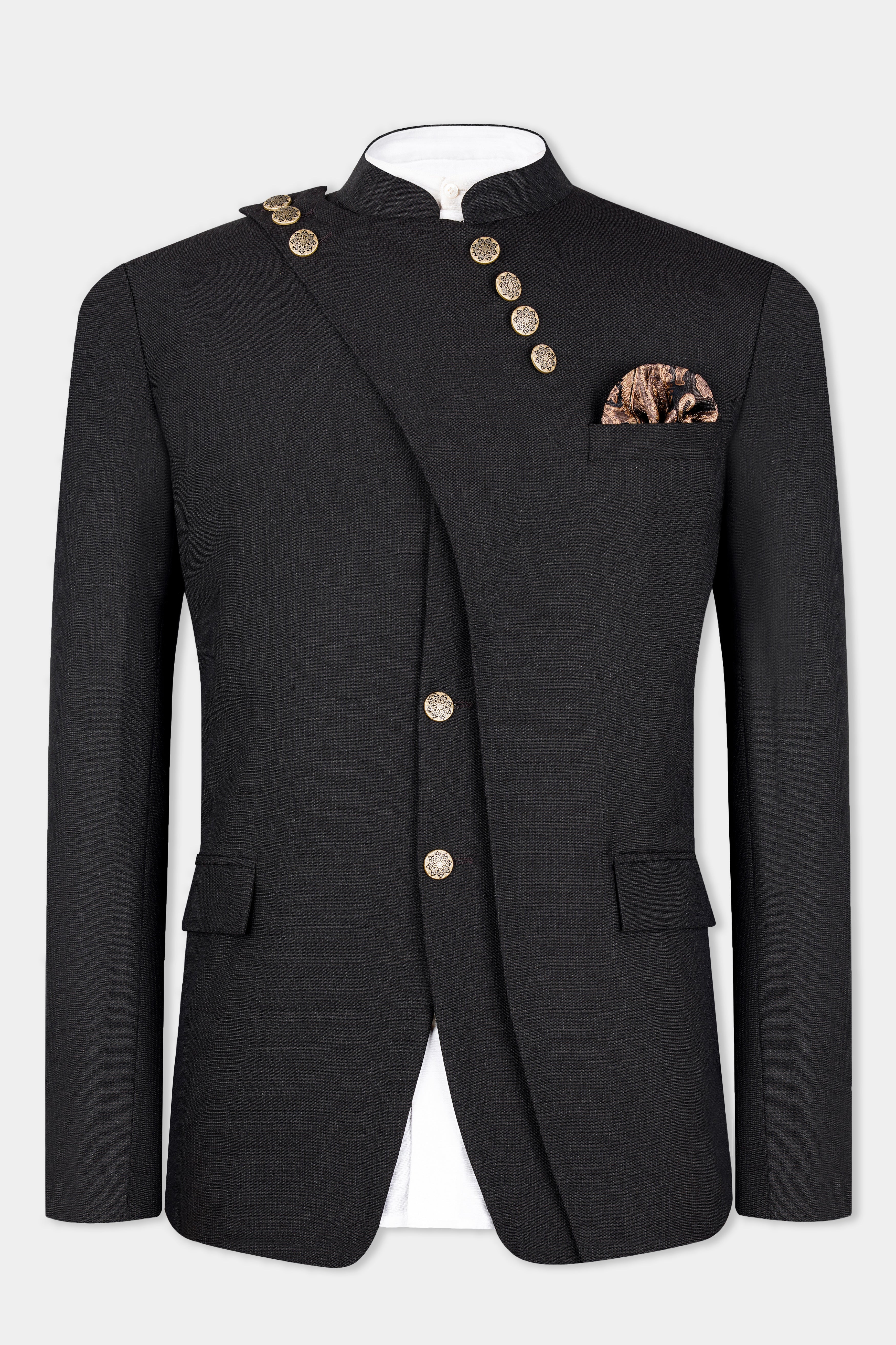 Baltic Sea Black Wool Rich Designer Bandhgala Suit