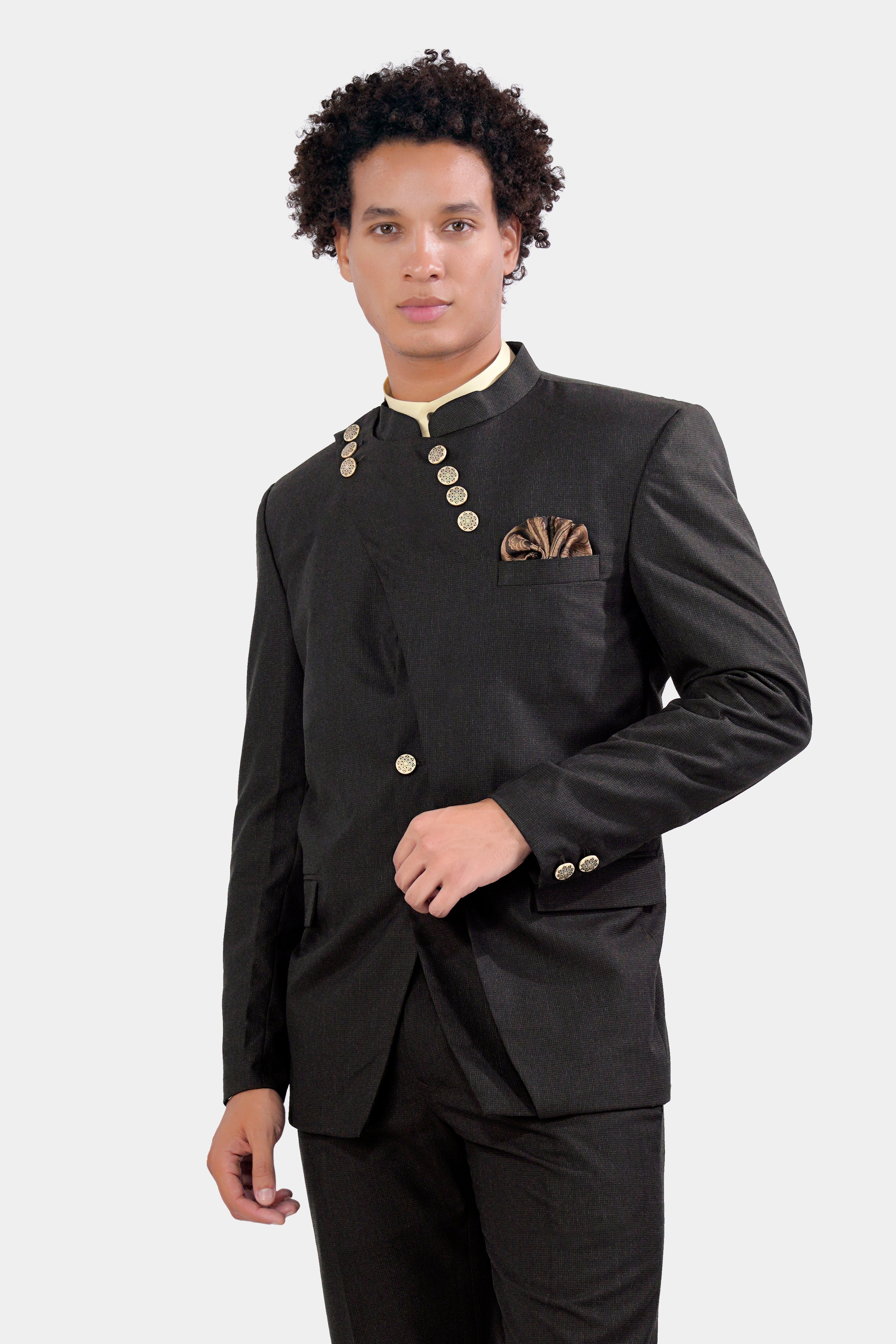 Baltic Sea Black Wool Rich Designer Bandhgala Suit