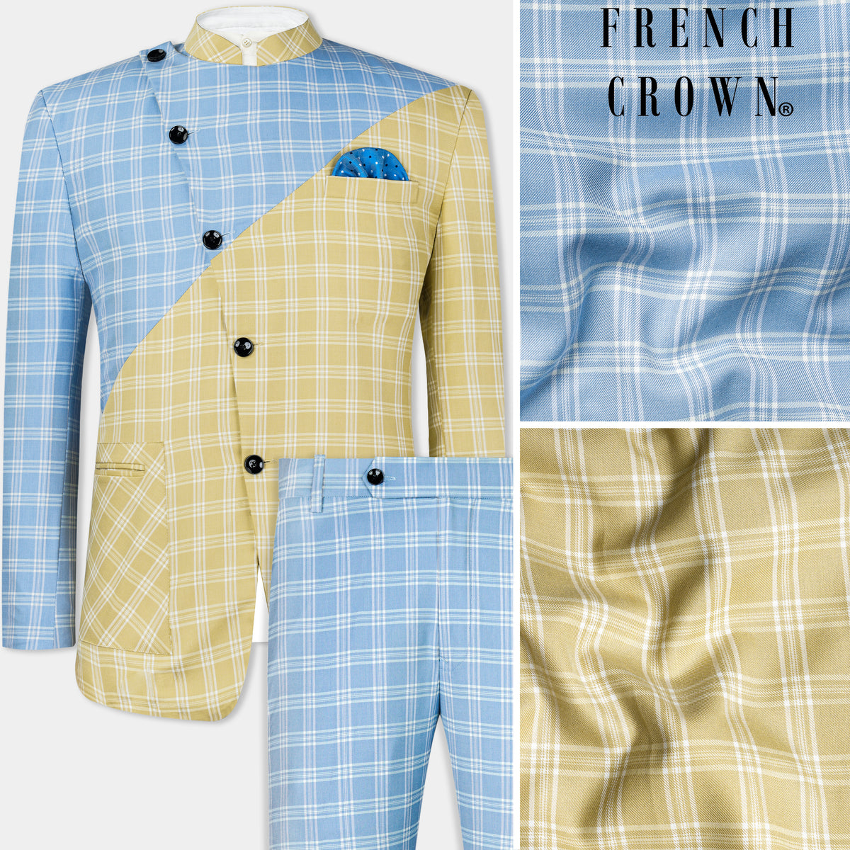 Casper Blue and Brandy Brown Checks-Plaid Premium Wool Blend Bandhgala ...