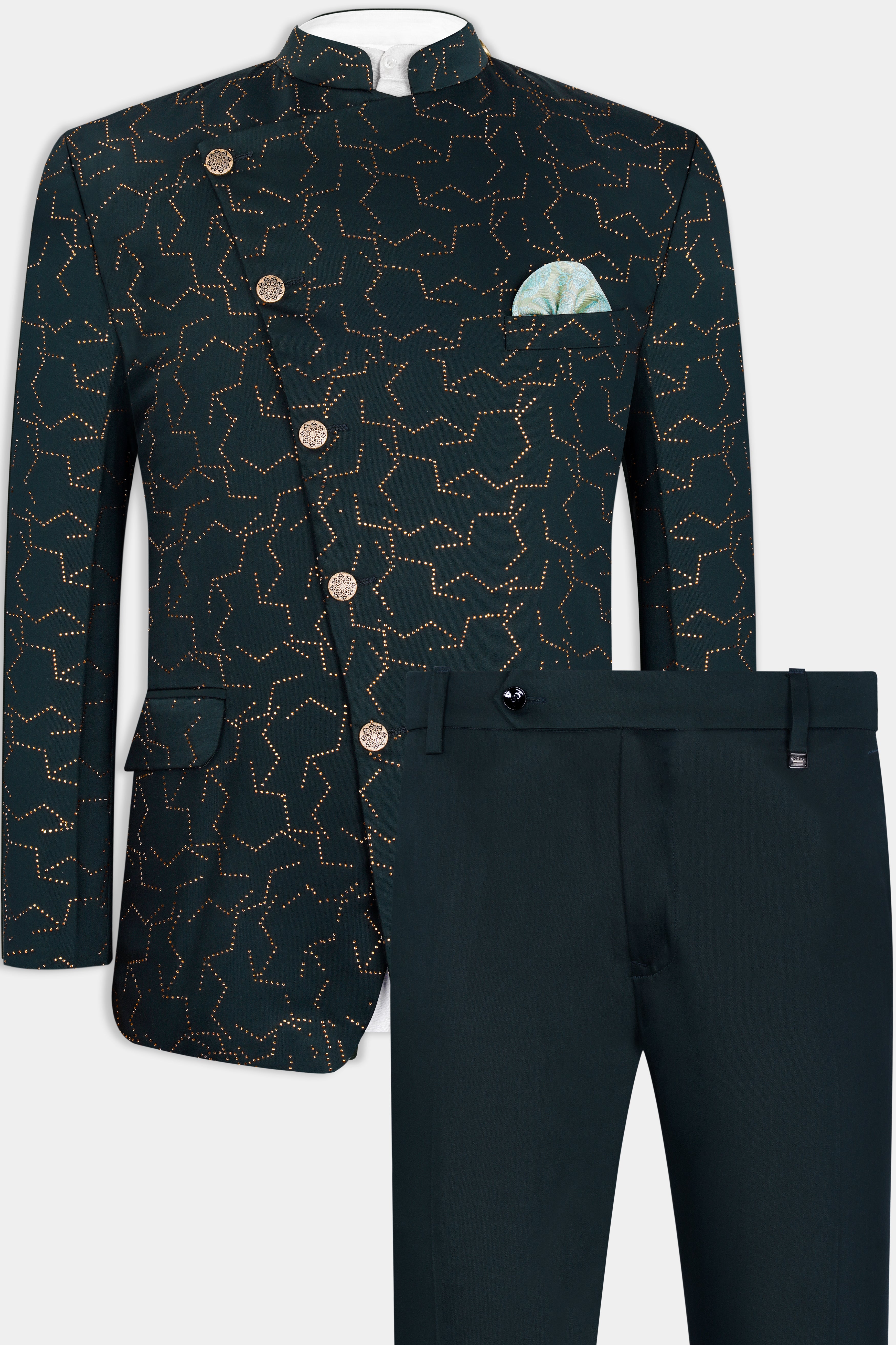 Prussian Green Wool Rich Stonework Cross Placket Bandhgala Designer Suit
