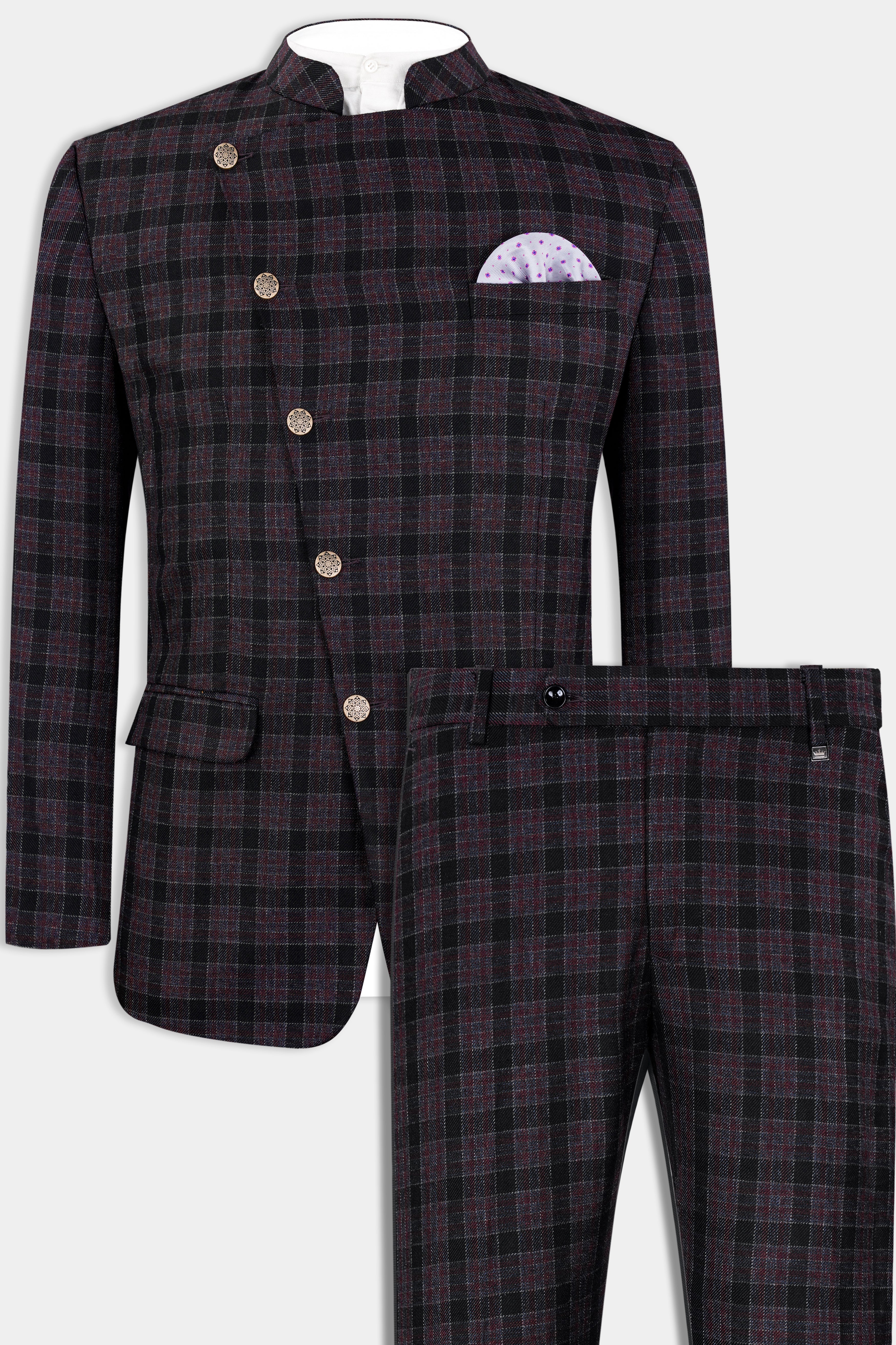 Byzantium Pink and Black Tweed Plaid Cross Buttoned Bandhgala Suit