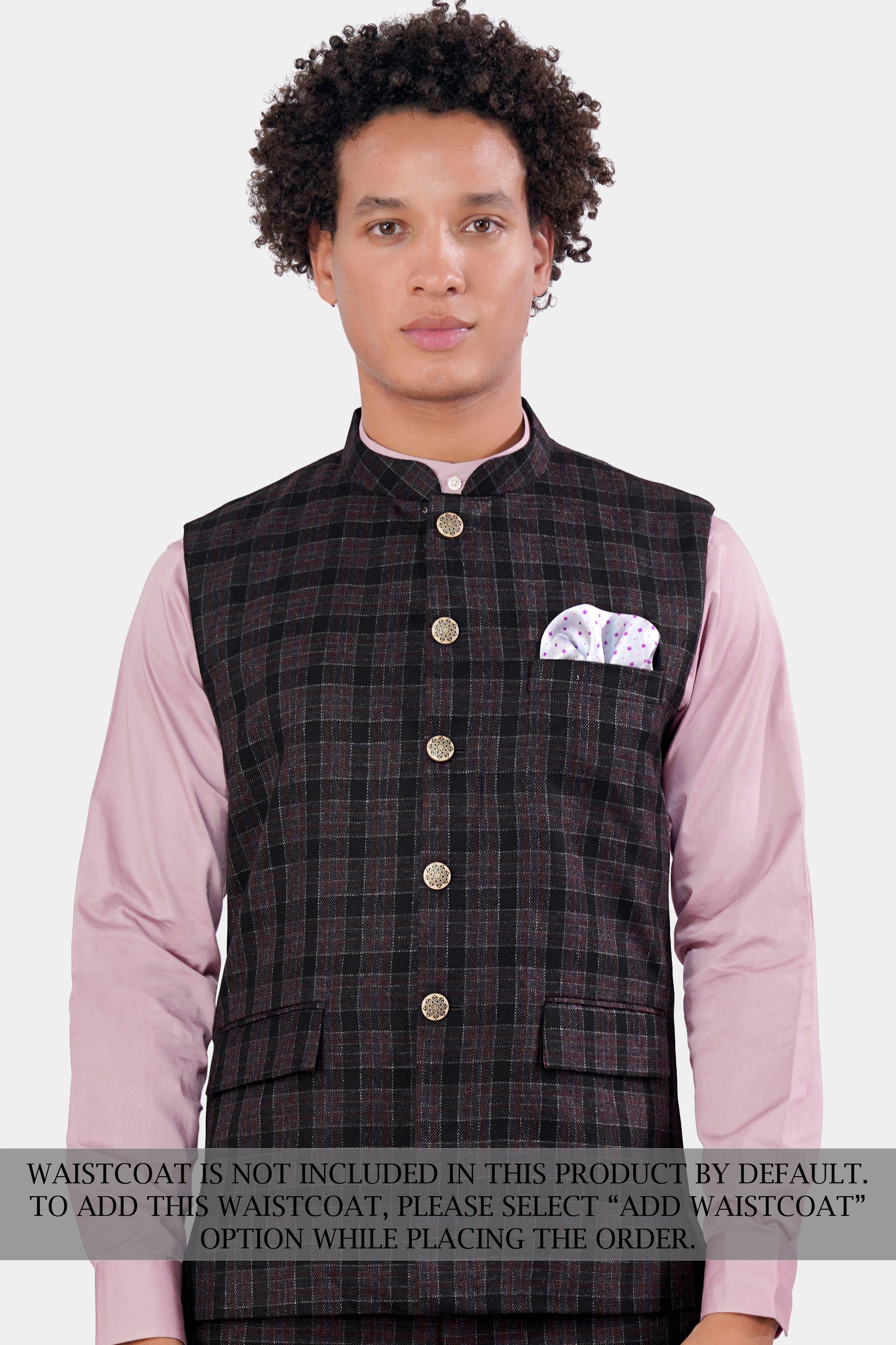 Byzantium Pink and Black Tweed Plaid Cross Placket Bandhgala Suit