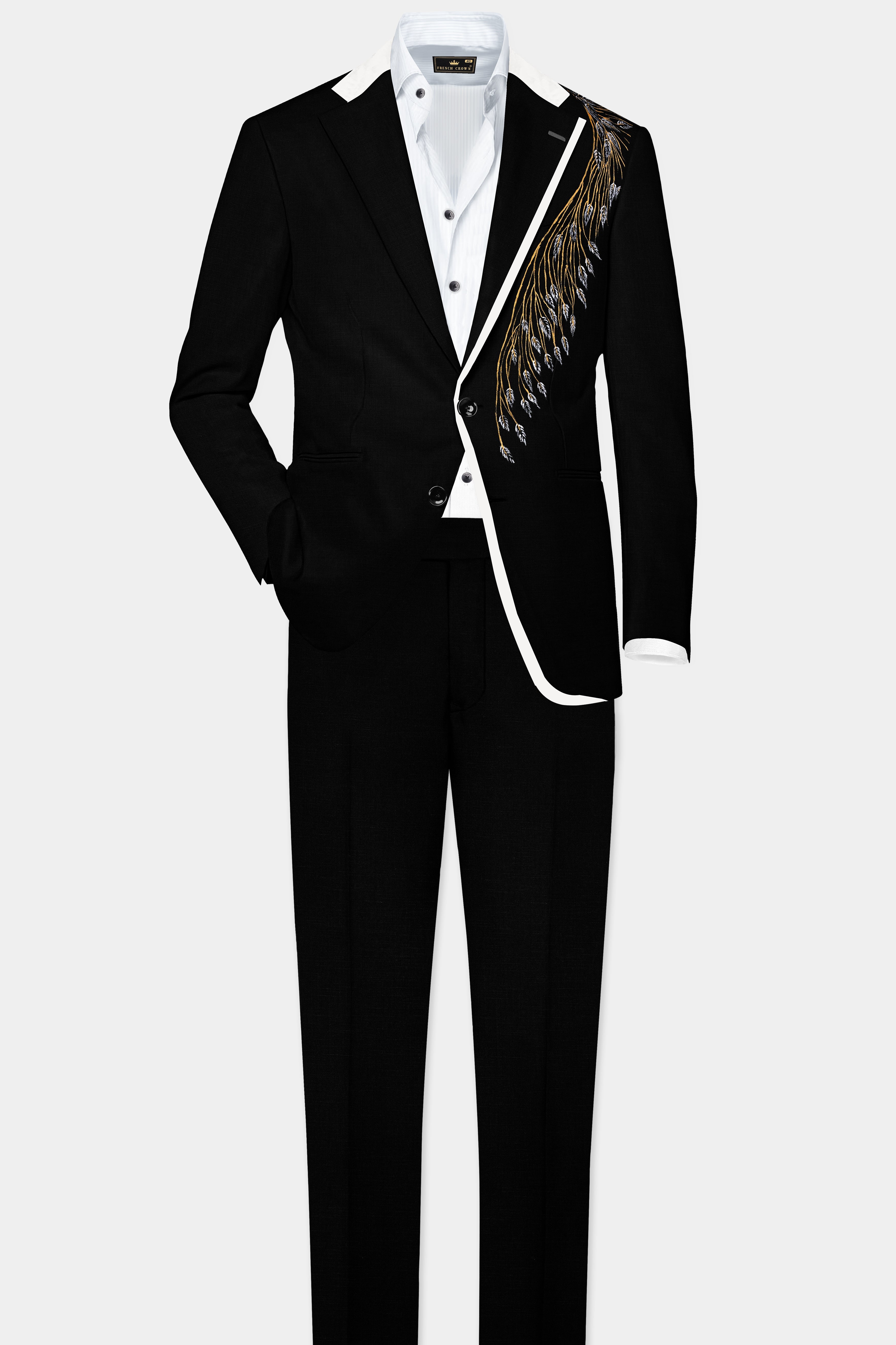 Onyx Black Hand Painted Stretchable Wool Rich Hand Painted Designer Suit