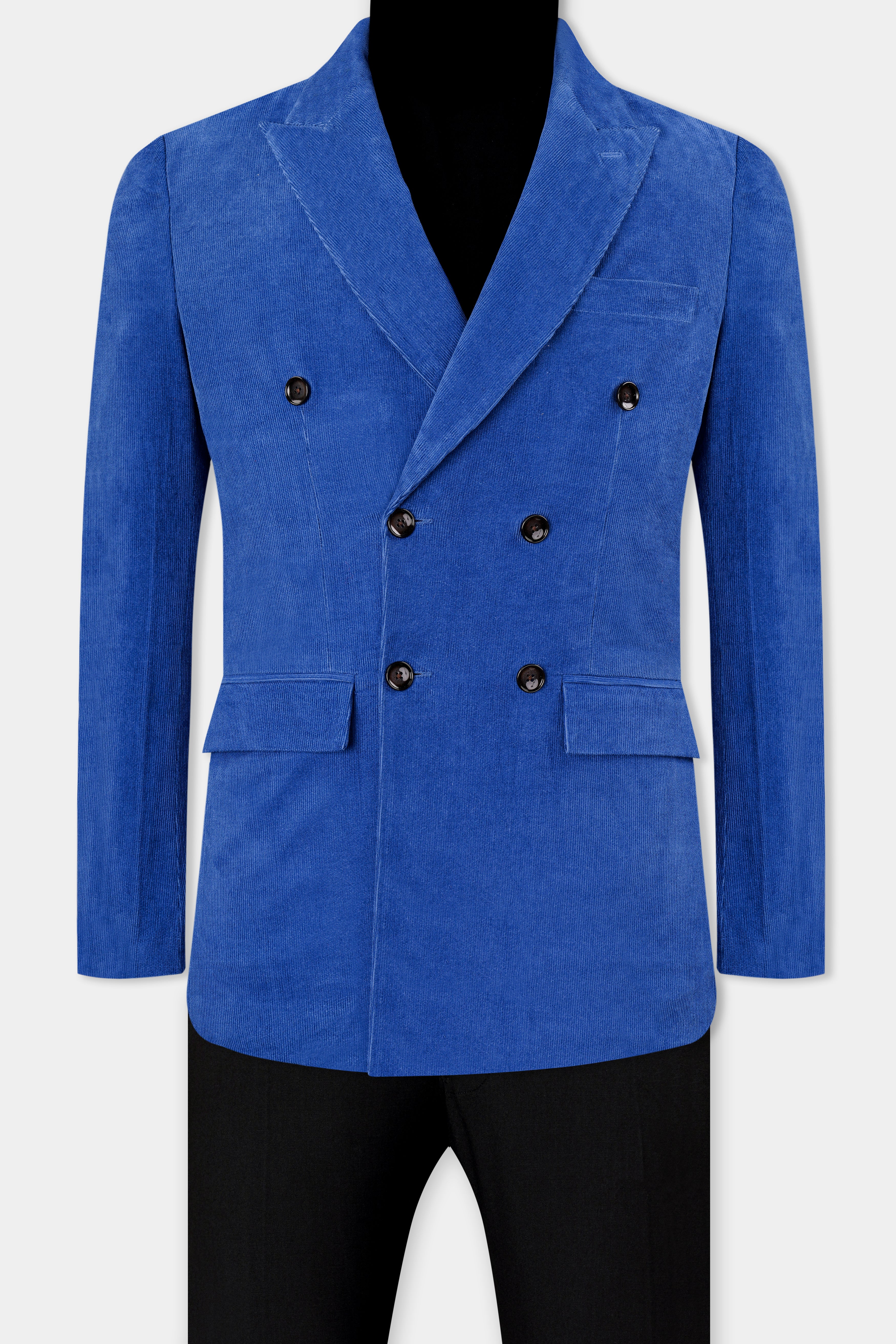 Cobalt Blue Double Breasted Corduroy Premium Cotton Blazer With Jade Black Jeans