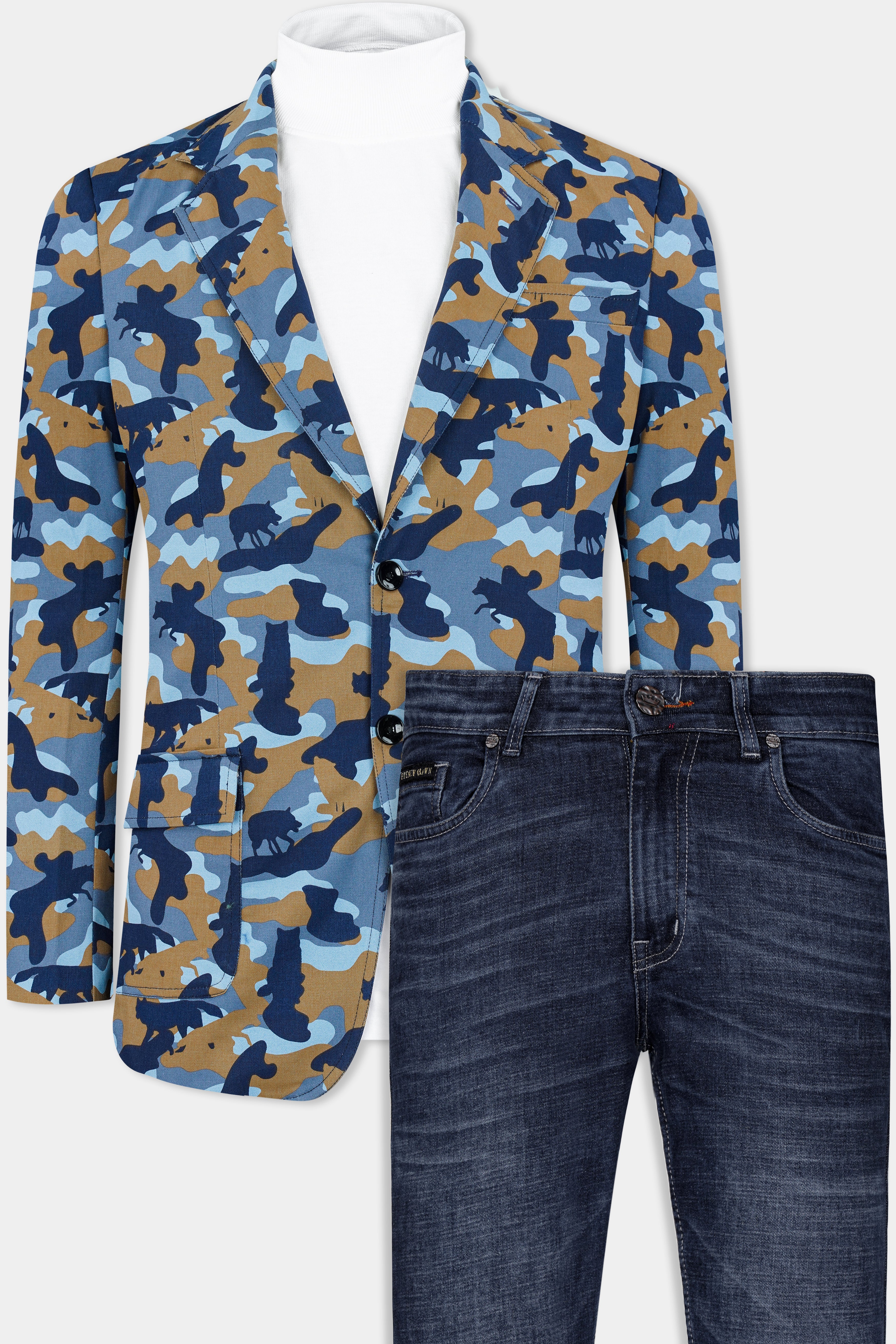 Carolina Blue with  Prussian Blue and Mocha Brown Printed Premium Cotton Blazer With Space Navy Blue Jeans