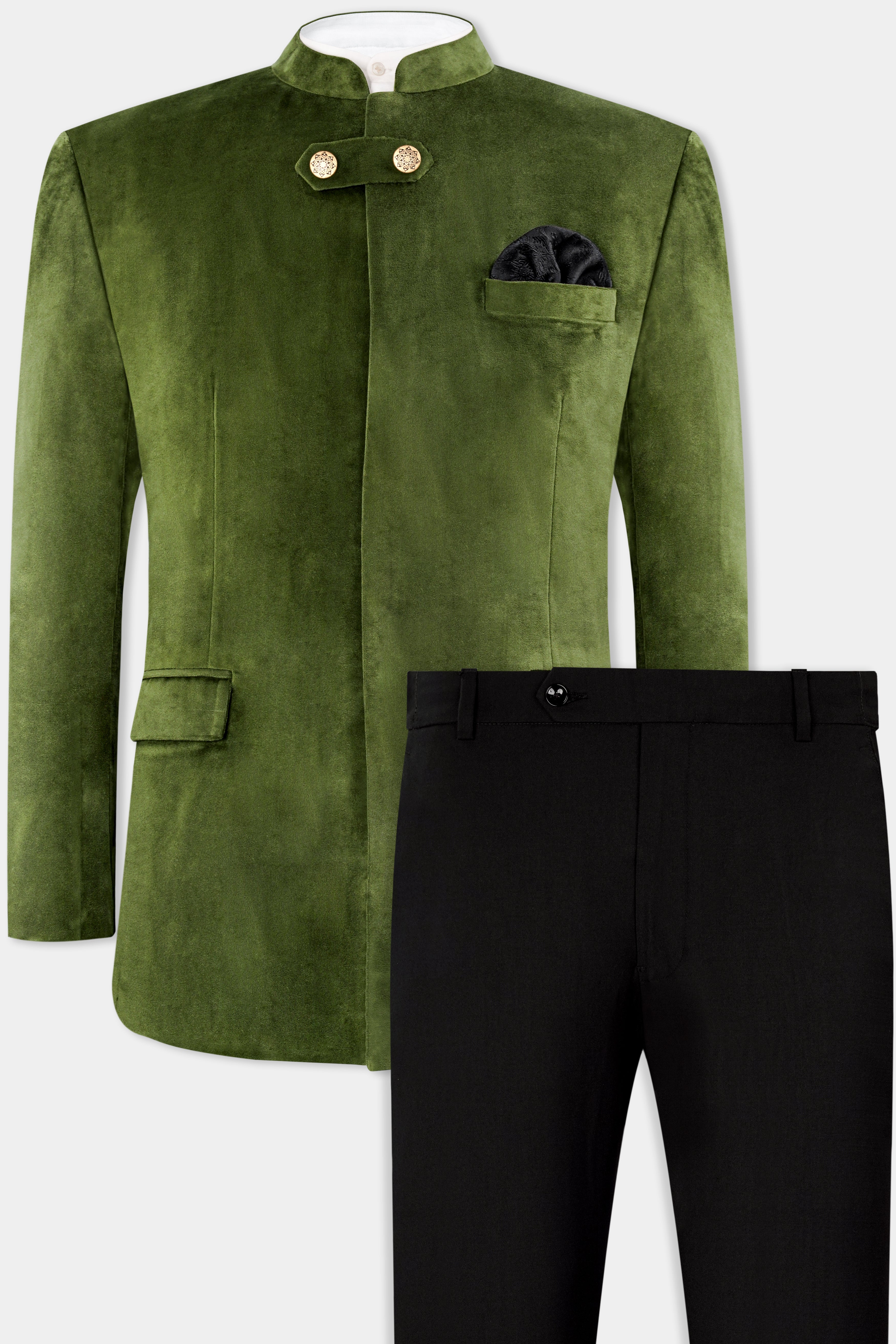 Moss Green Velvet Bandhgala Designer Suit