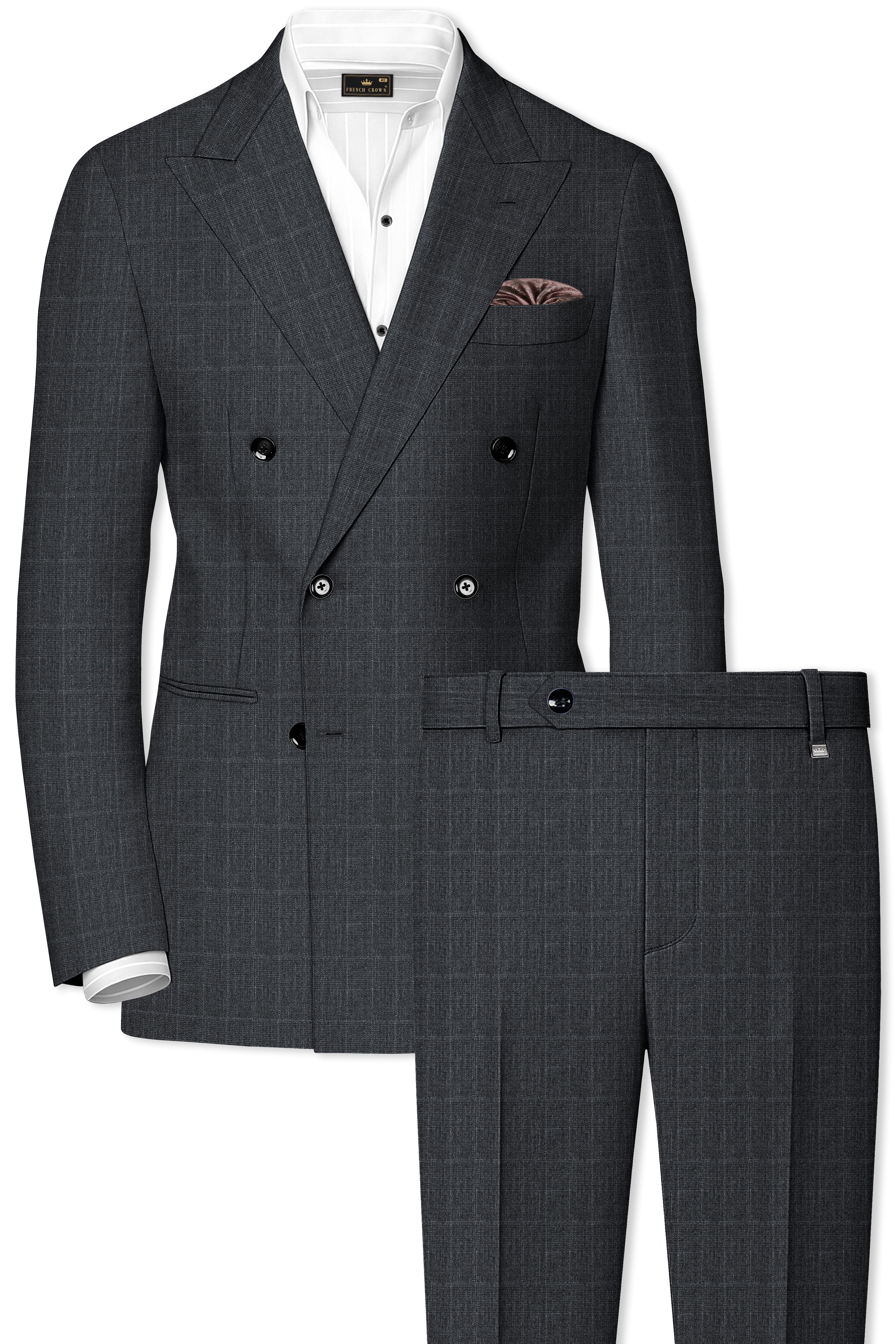 Flint Gray Subtle Checkered Wool Rich Double Breasted Suit