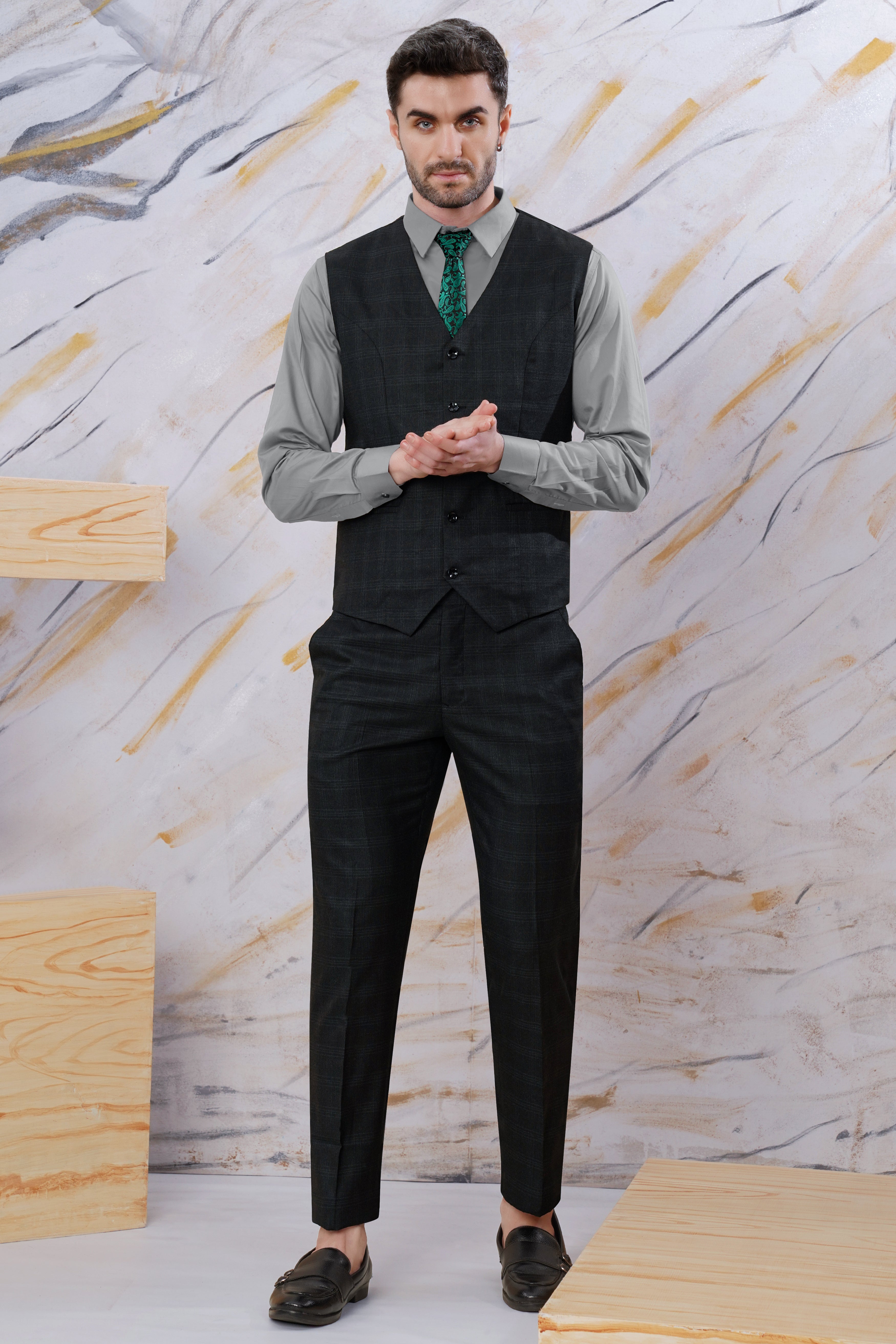 ベイクルーズ　INHERIT Woollike Laidback Suits Blue Checks Black Wool Suit - A.i. Perfect Fits