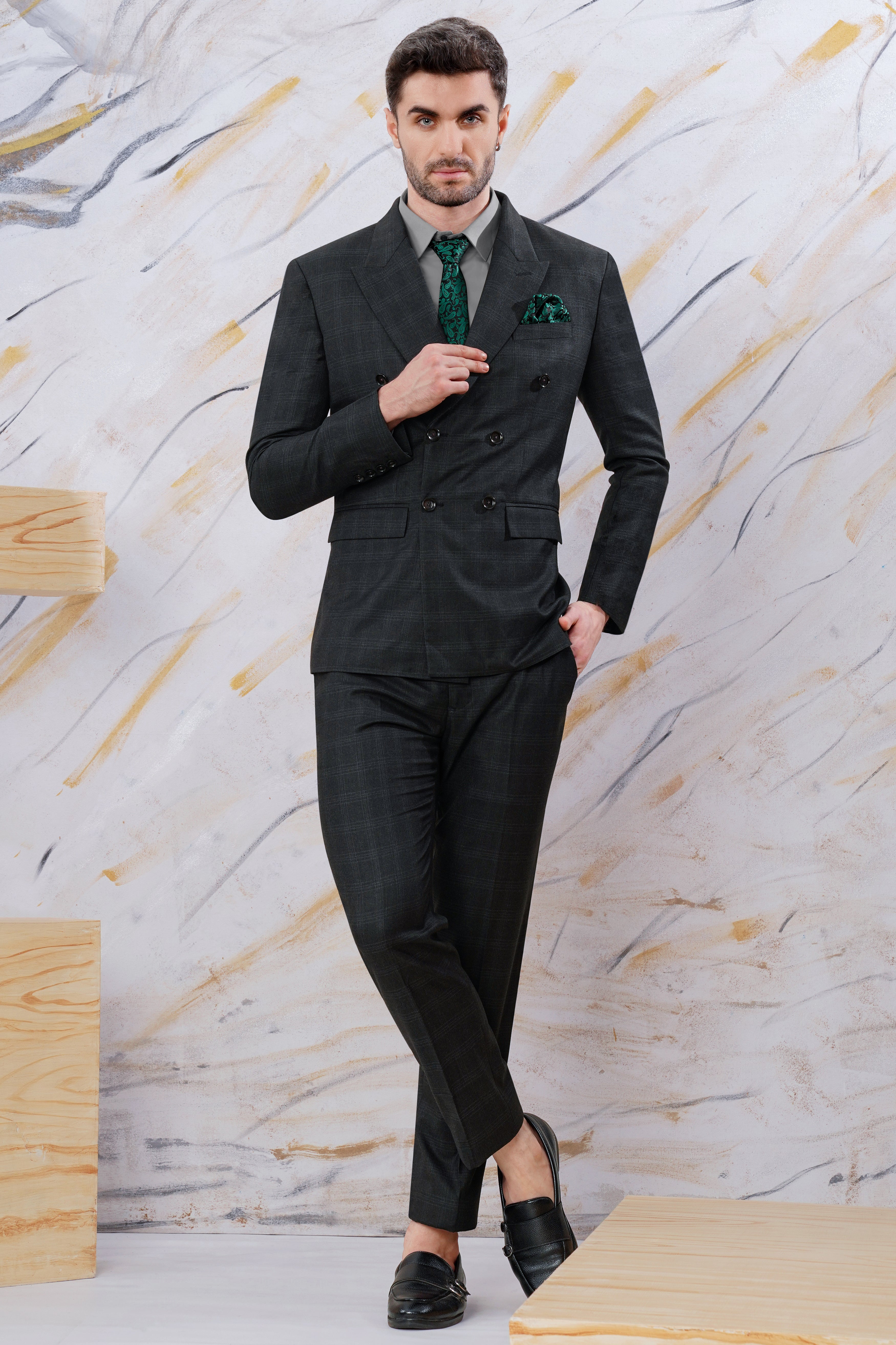 Onyx Black Subtle Checkered Wool Rich Double Breasted Suit ST2999-DB-36, ST2999-DB-38, ST2999-DB-40, ST2999-DB-42, ST2999-DB-44, ST2999-DB-46, ST2999-DB-48, ST2999-DB-50, ST2999-DB-52, ST2999-DB-54, ST2999-DB-56, ST2999-DB-58, ST2999-DB-60