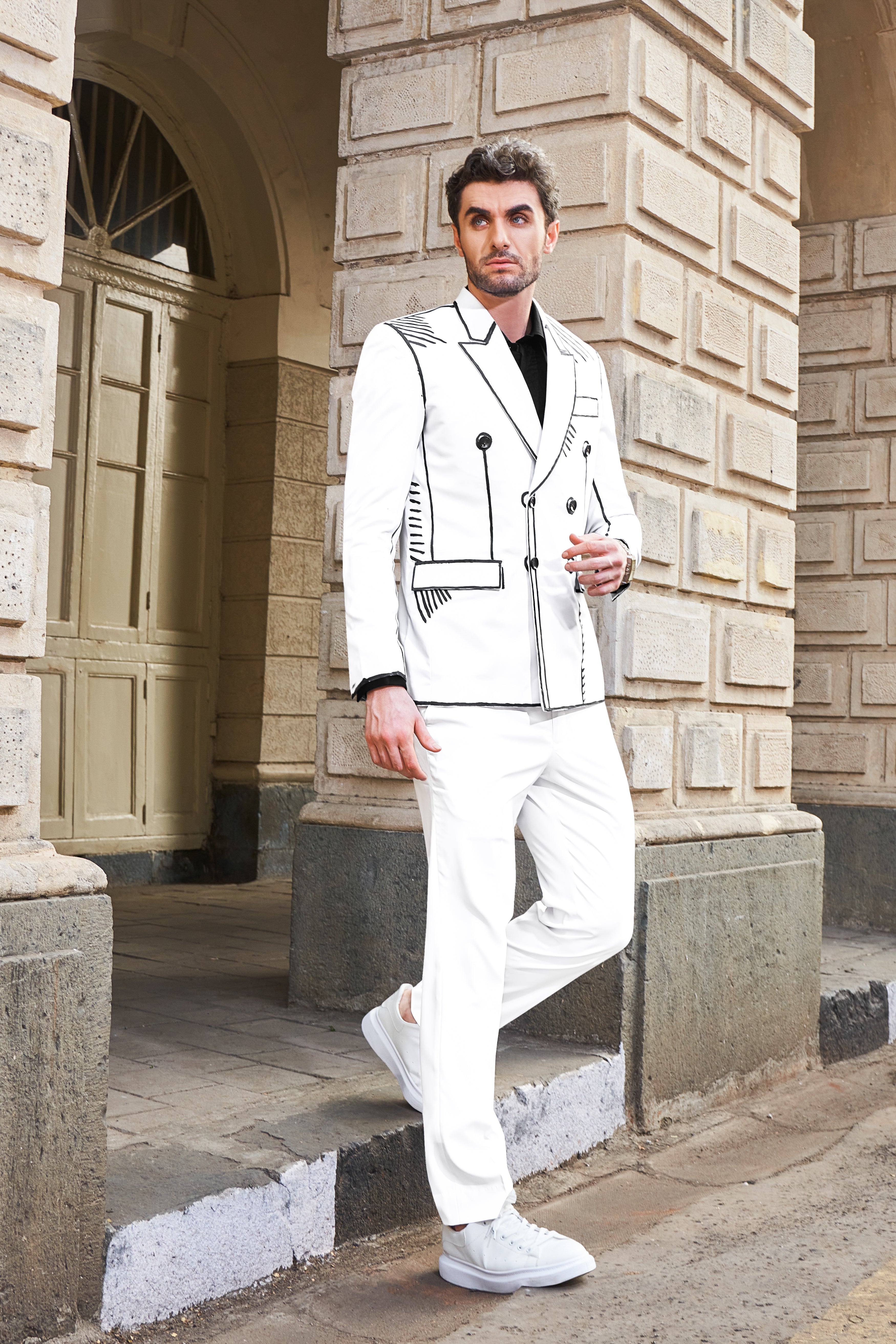 Bright White with Black Stretchable Hand Painted Designer Suit