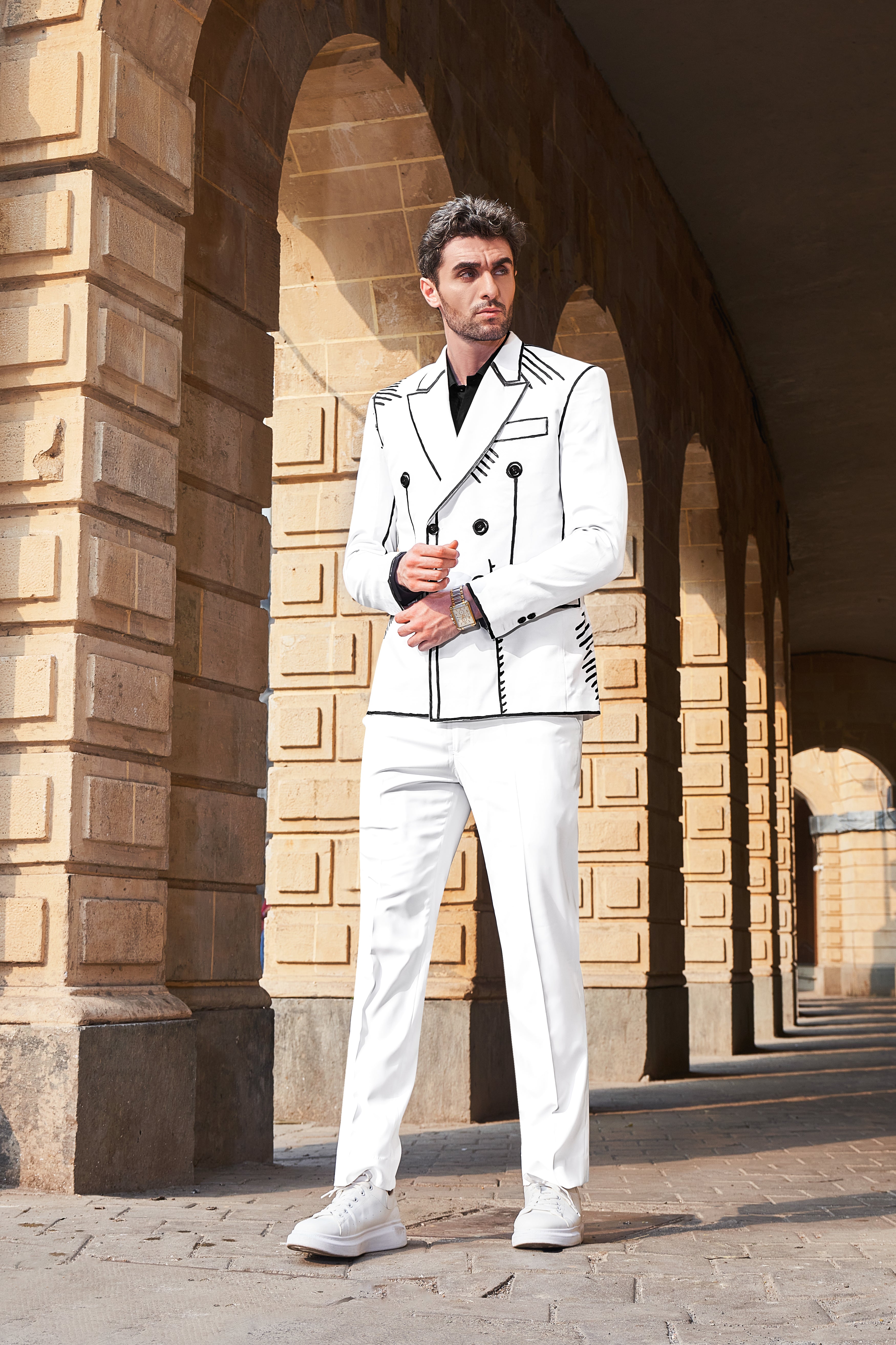 Bright White with Black Stretchable Hand Painted Designer Suit