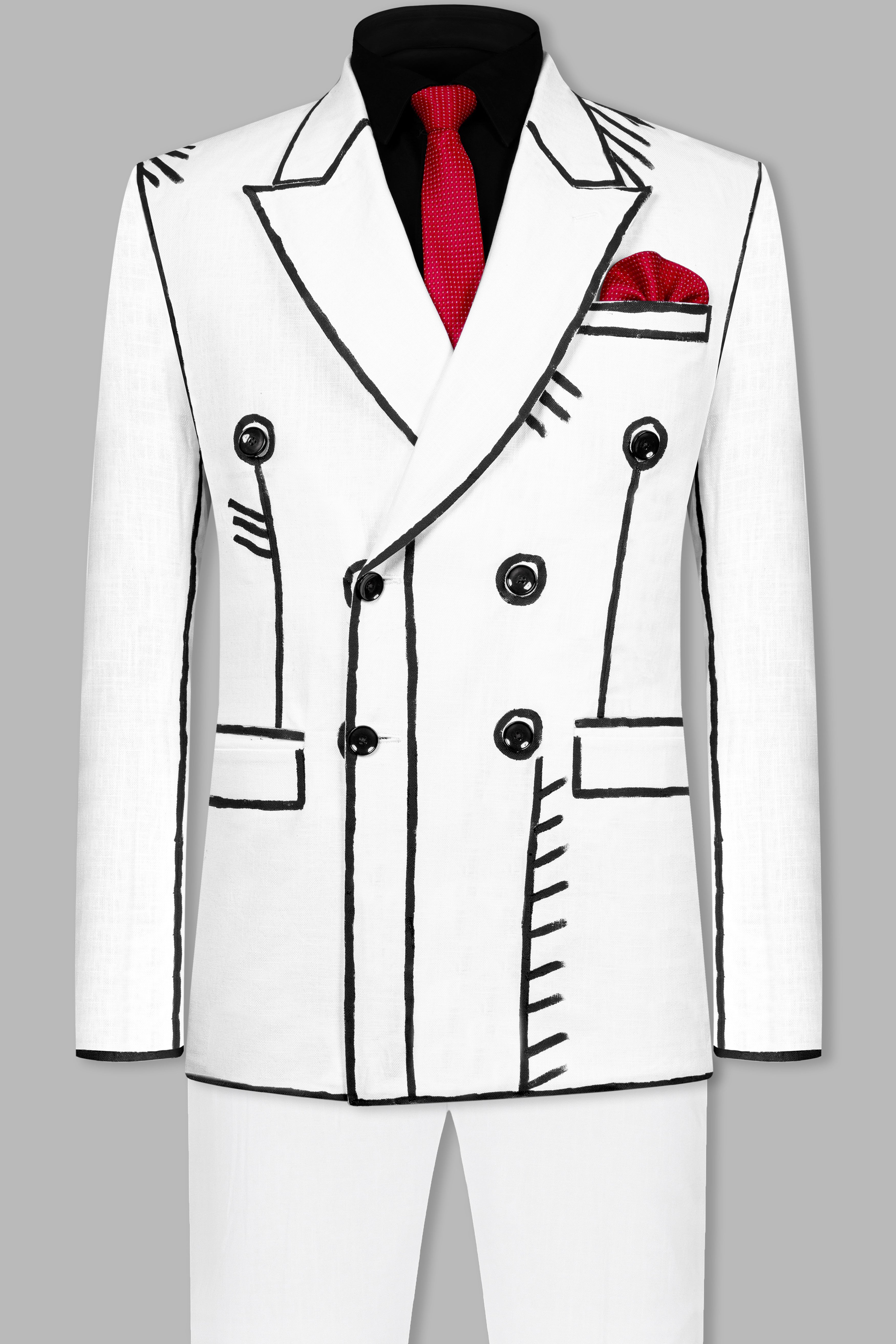 Bright White with Black Stretchable Hand Painted Designer Suit