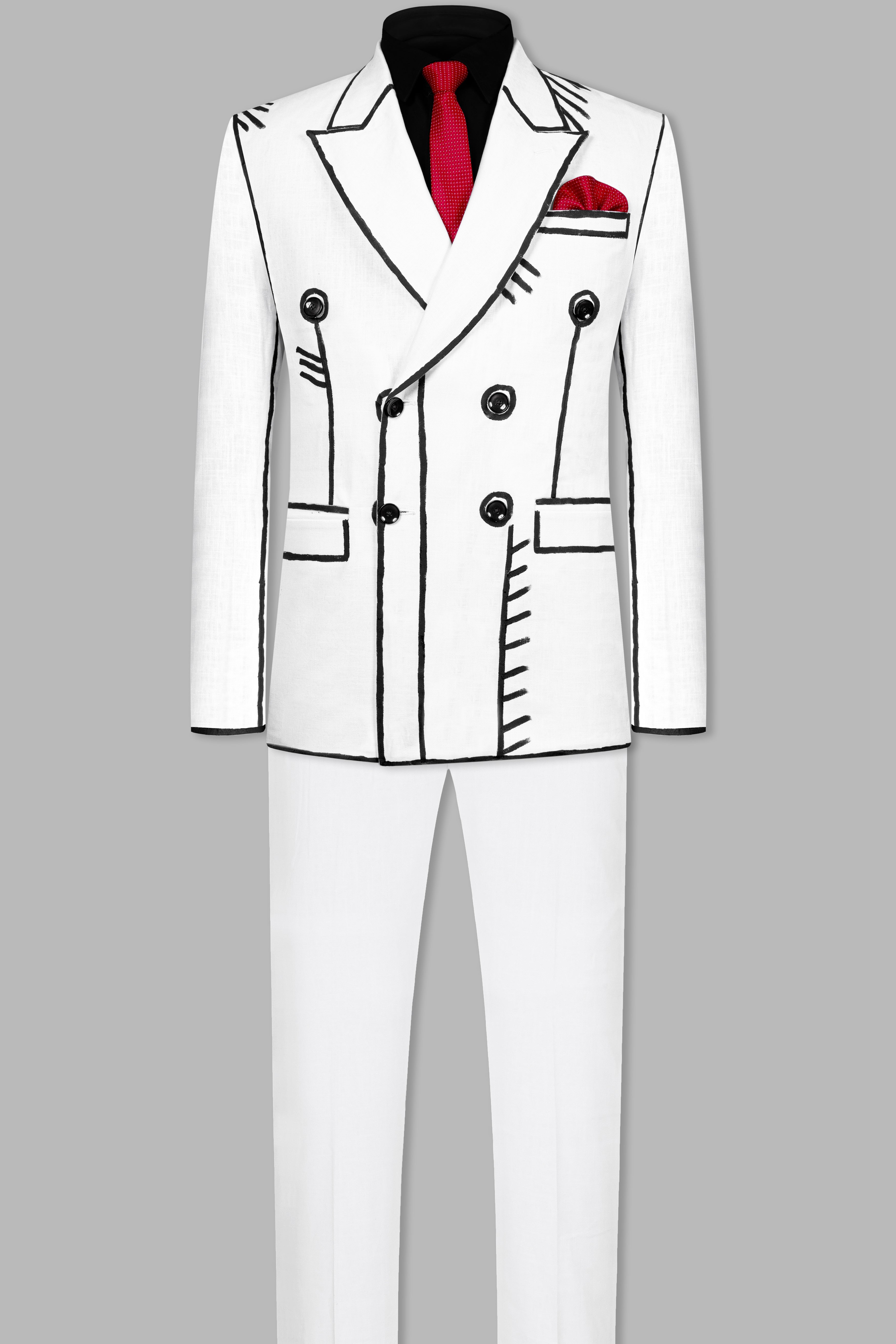 Bright White with Black Stretchable Hand Painted Designer Suit