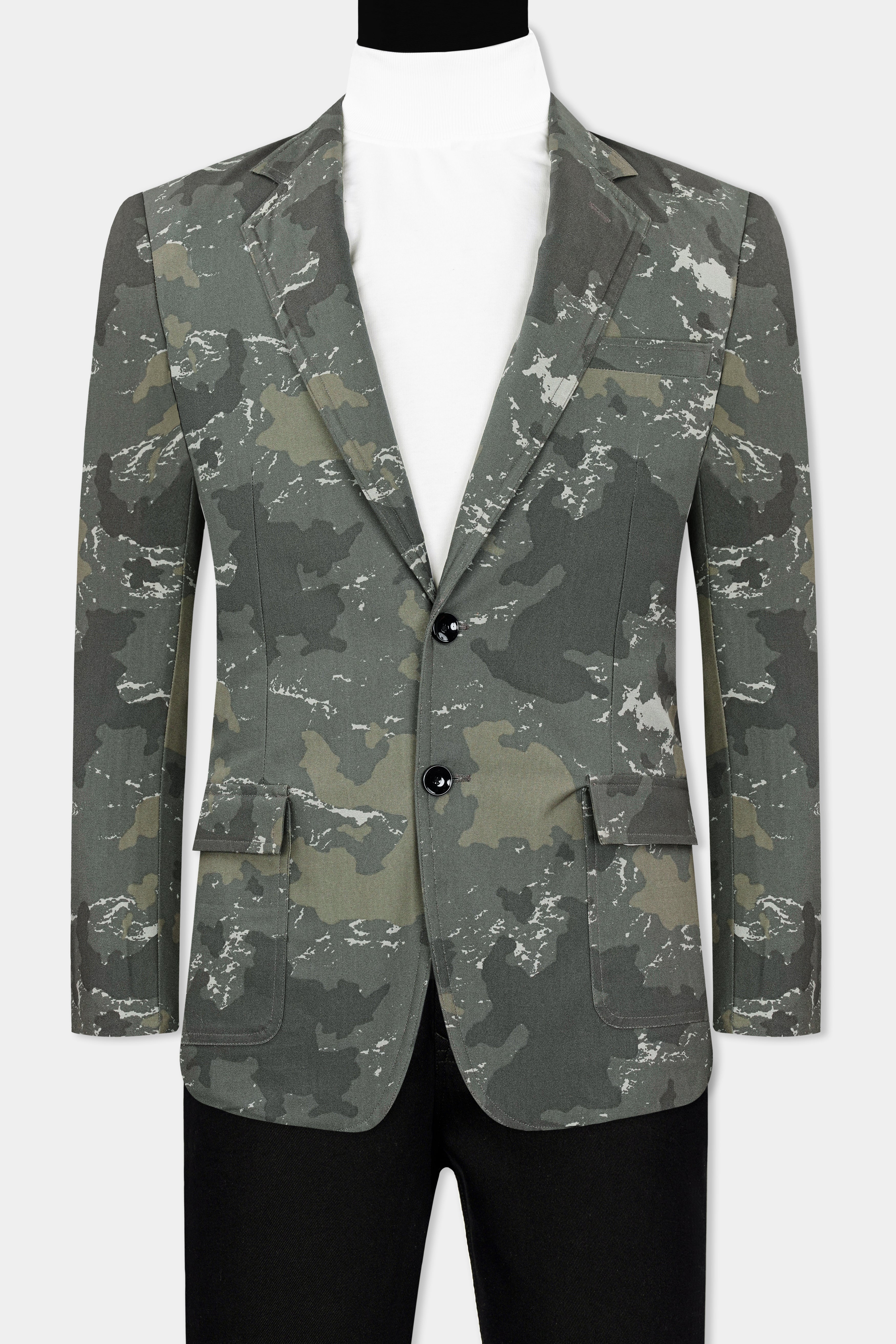 Flint Green with Fuscous Green Camouflage Premium Cotton Blazer With Jade Black Jeans