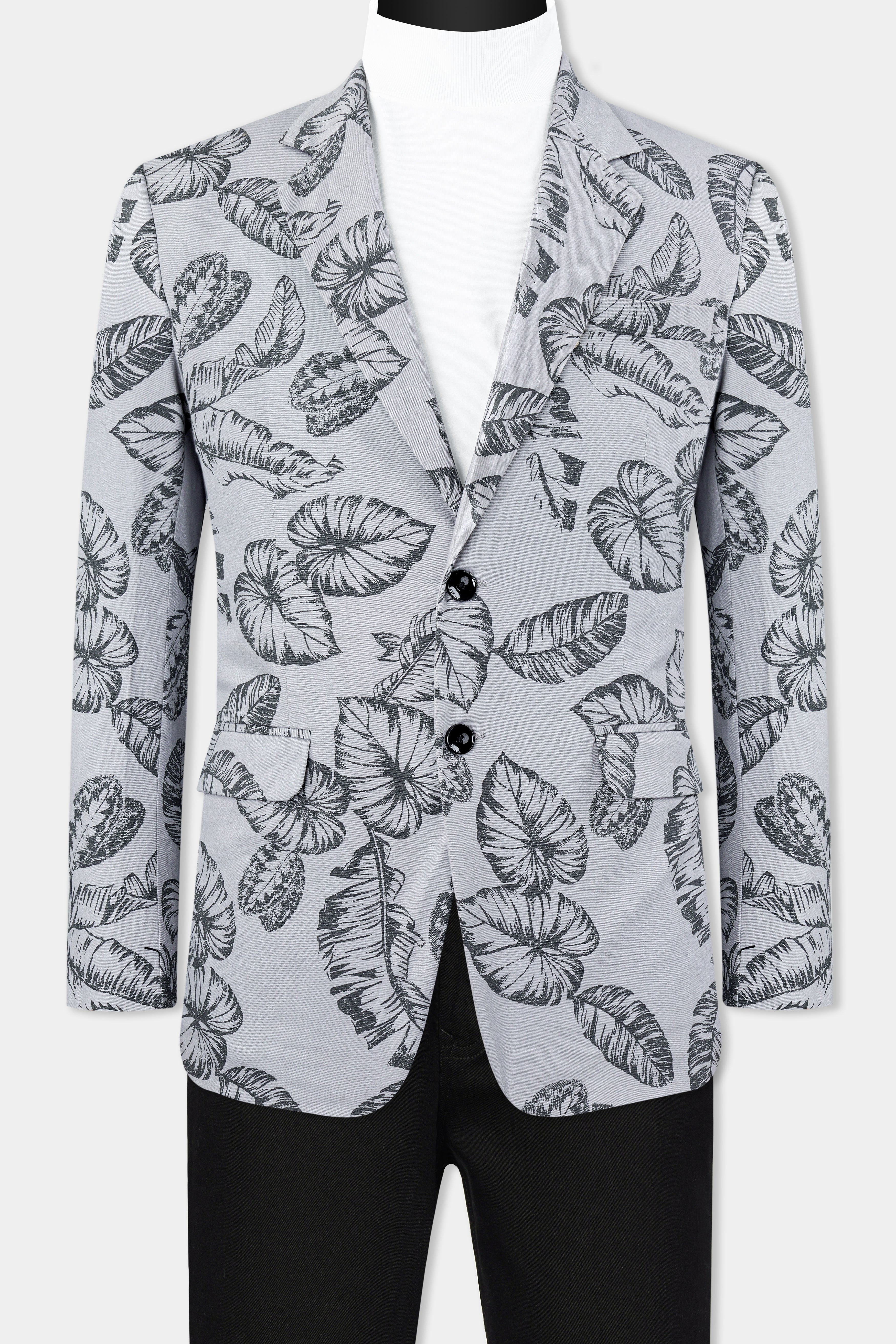 Gainsboro and Comet Gray Leaves Printed Premium Cotton Blazer With Jade Black Jeans