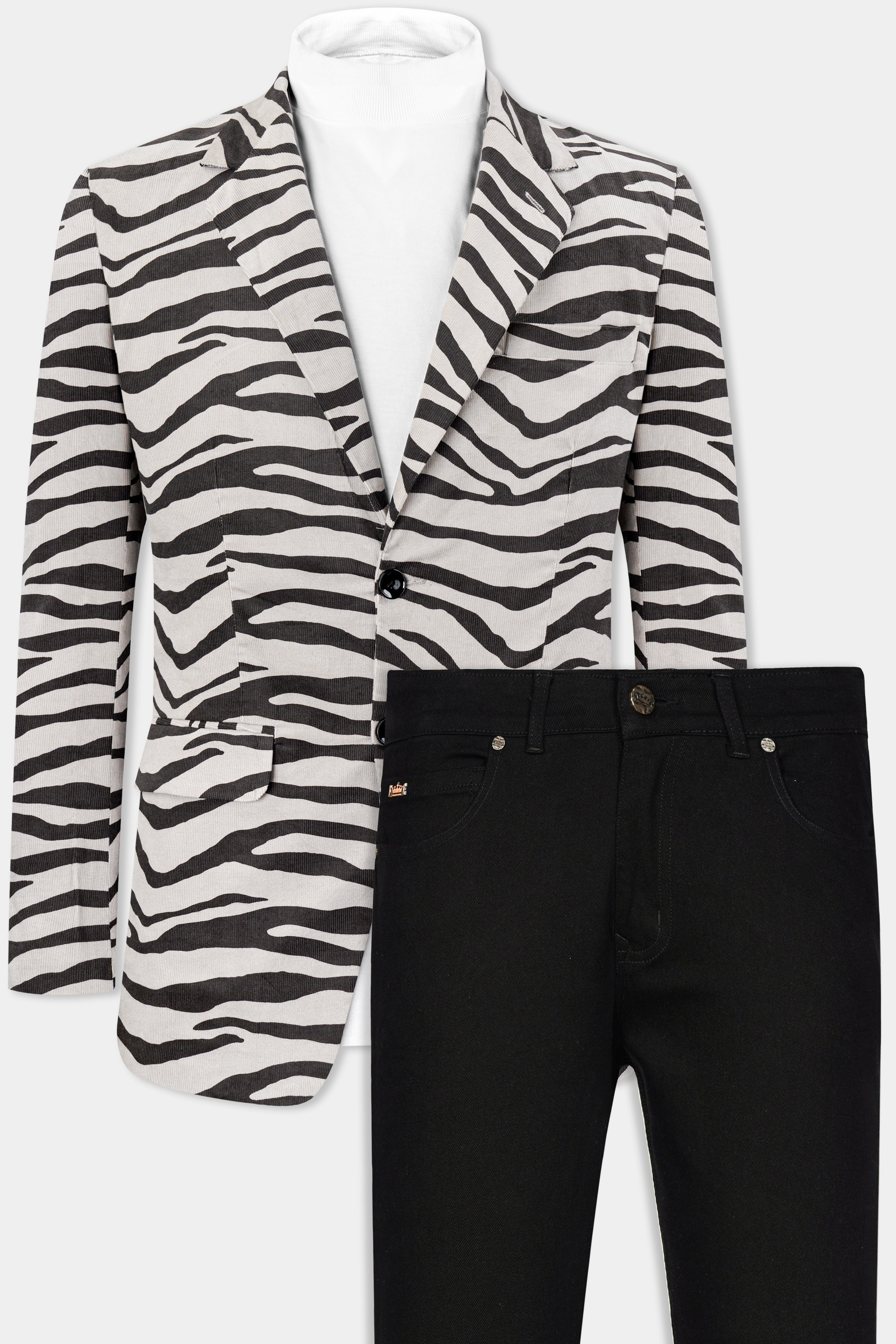 Bon Jour Cream and Tundora Gray Zebra Stripes Printed Corduroy Premium Cotton Blazer With Jade Black Jeans
