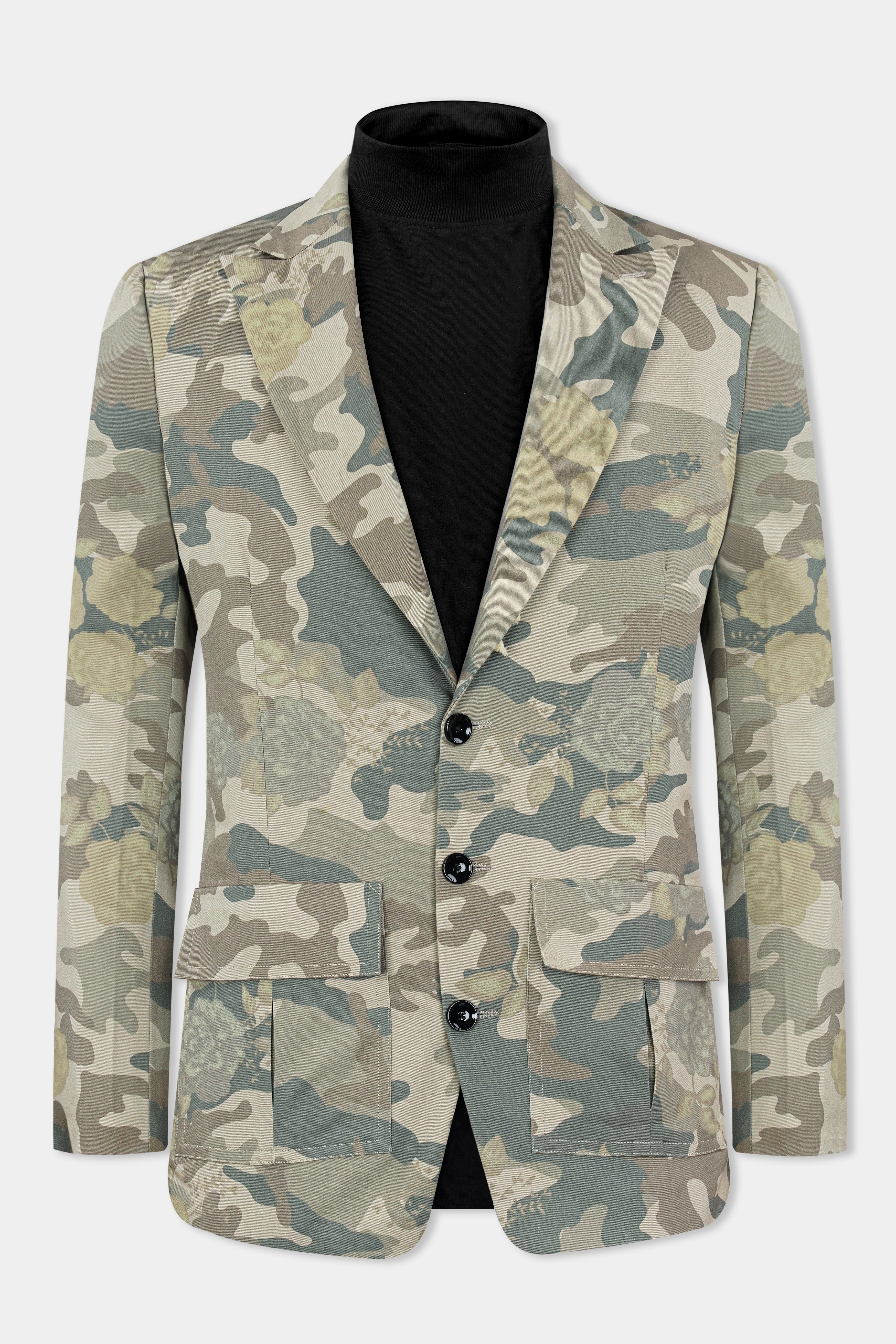 Ivory Green and Arrowtone Brown Camouflage Premium Cotton Designer Blazer With Jade Black Jeans