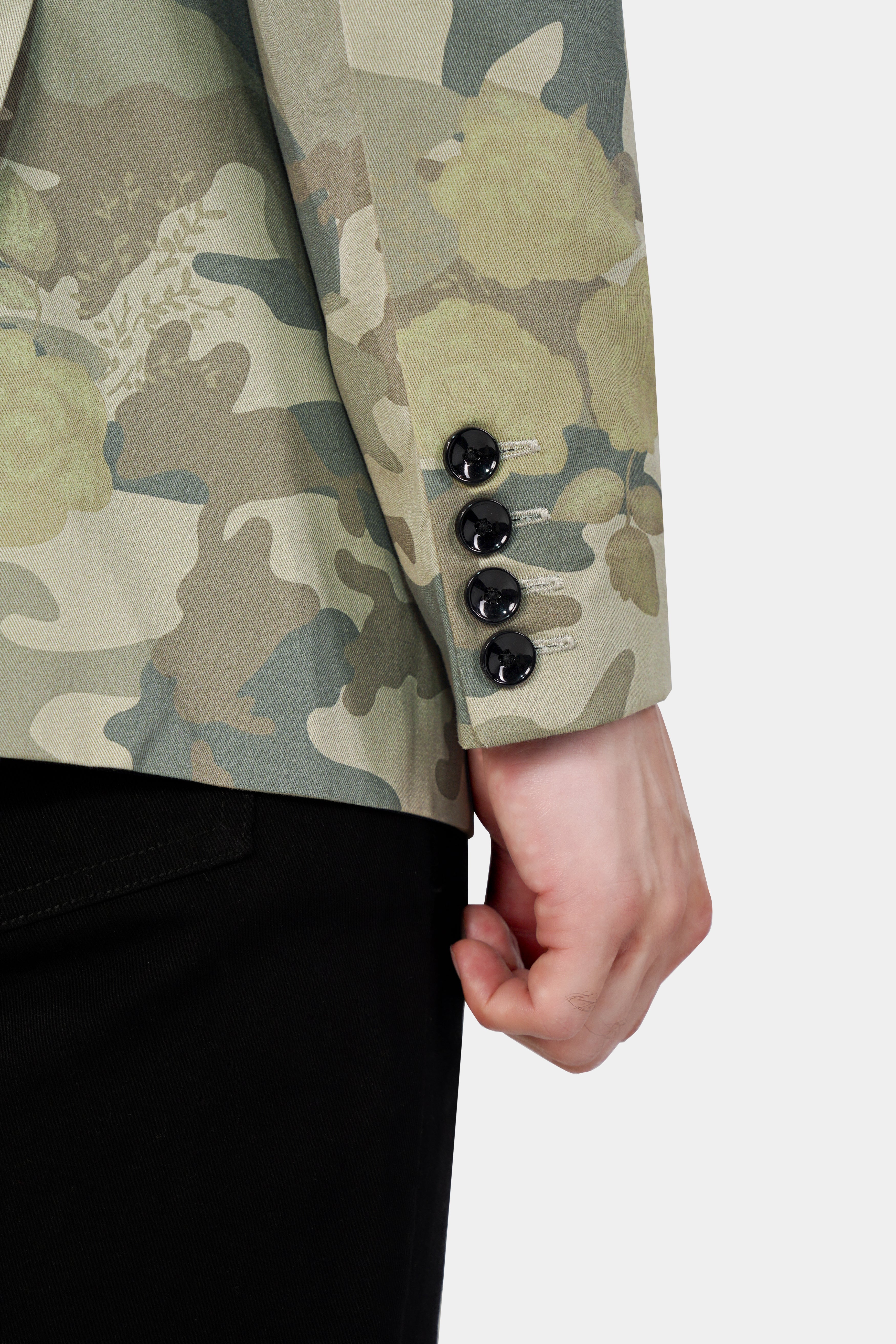 Ivory Green and Arrowtone Brown Camouflage Premium Cotton Designer Blazer With Jade Black Jeans