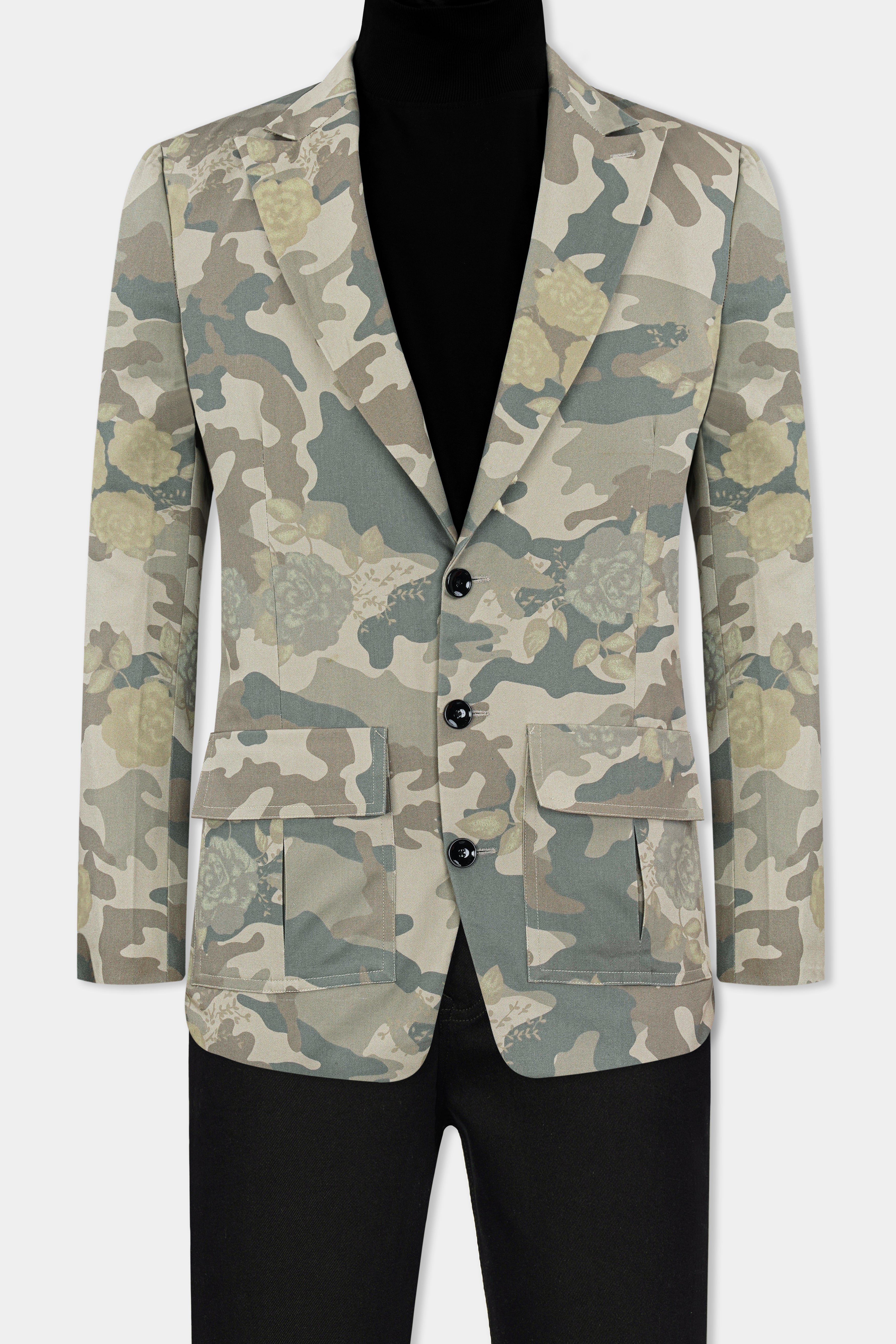 Ivory Green and Arrowtone Brown Camouflage Premium Cotton Designer Blazer With Jade Black Jeans