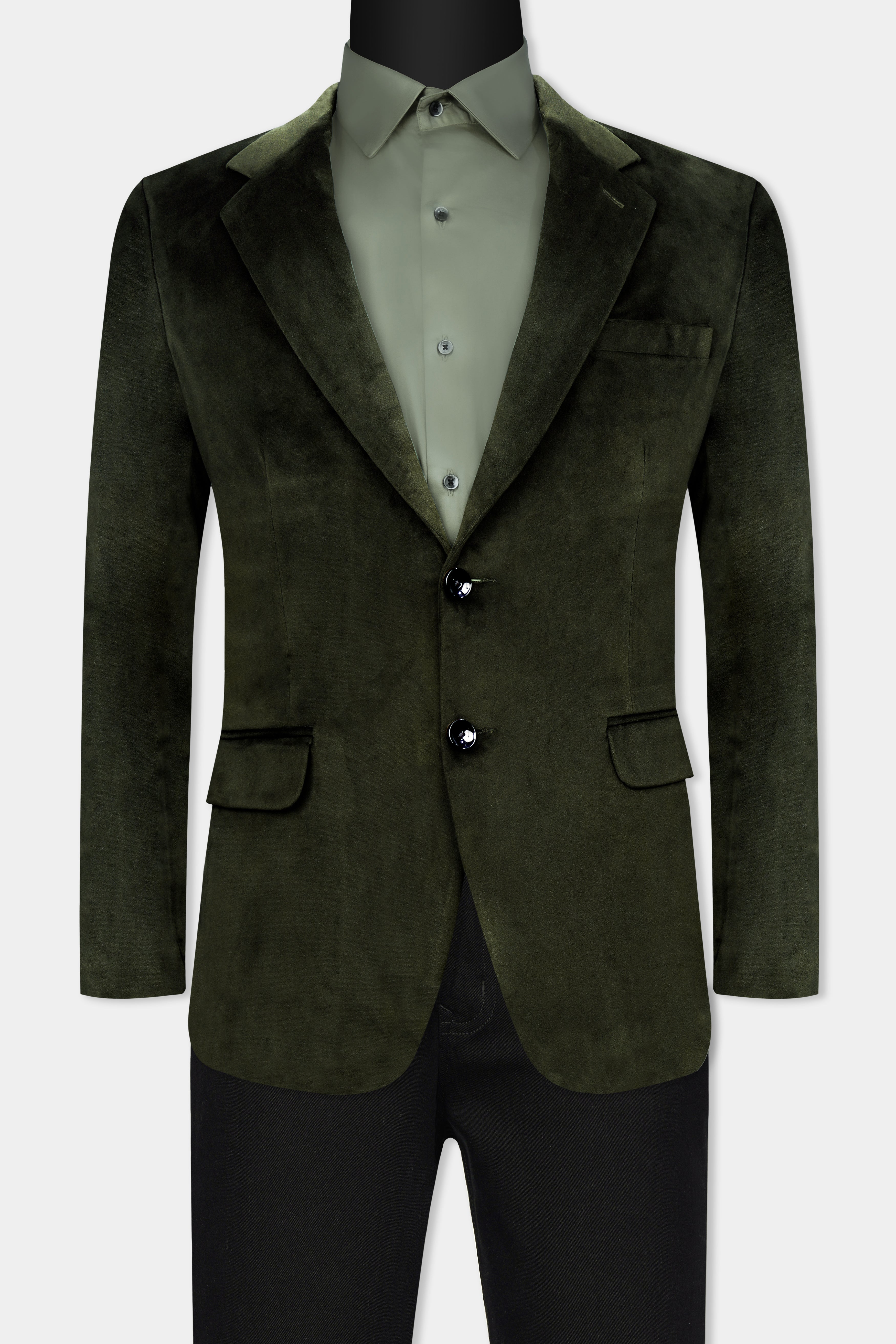 Rangoon Green Single Breasted Velvet Blazer With Jade Black Jeans