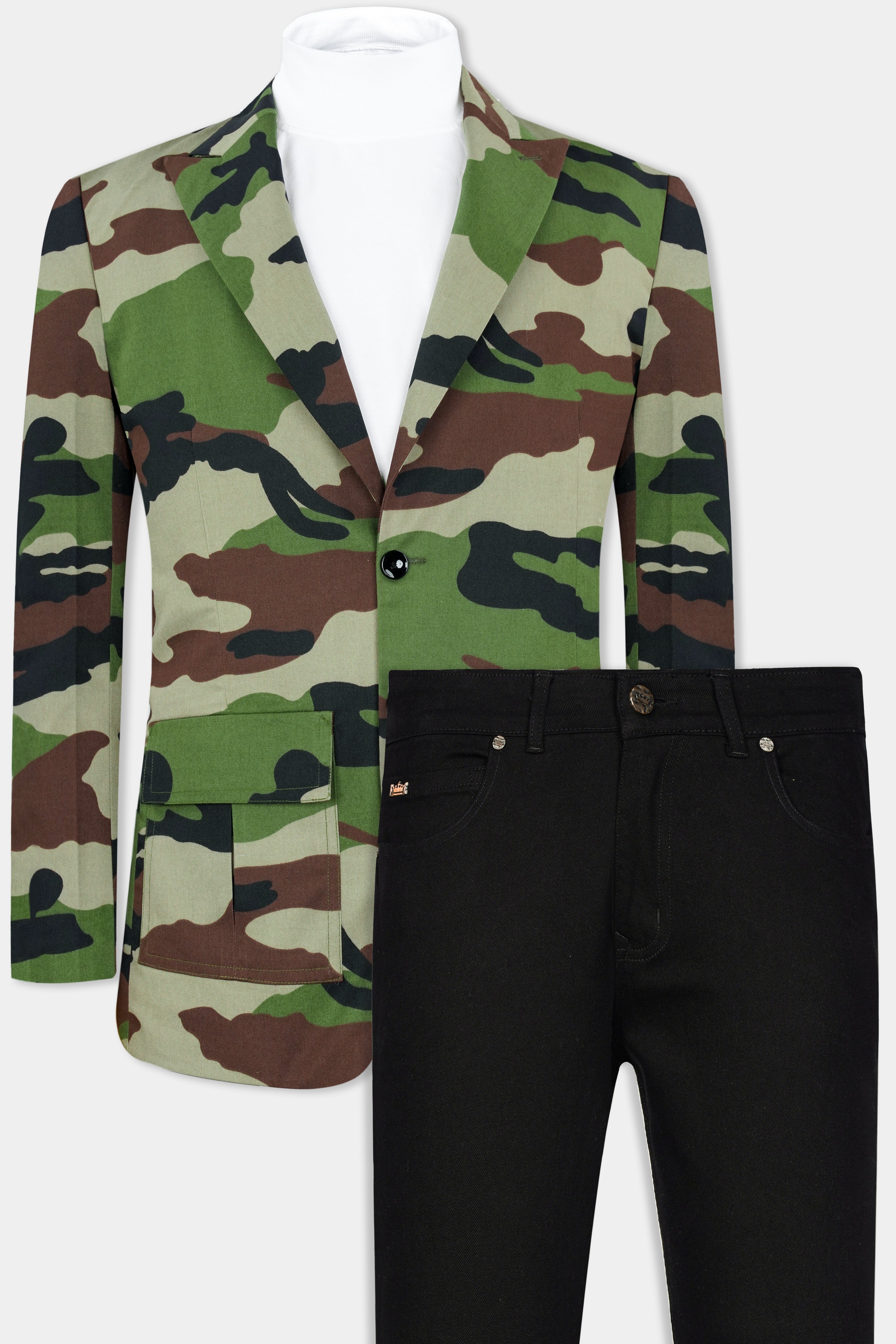 Beaver Brown and Finch Green Camouflage Premium Cotton Designer Blazer With Jade Black Jeans