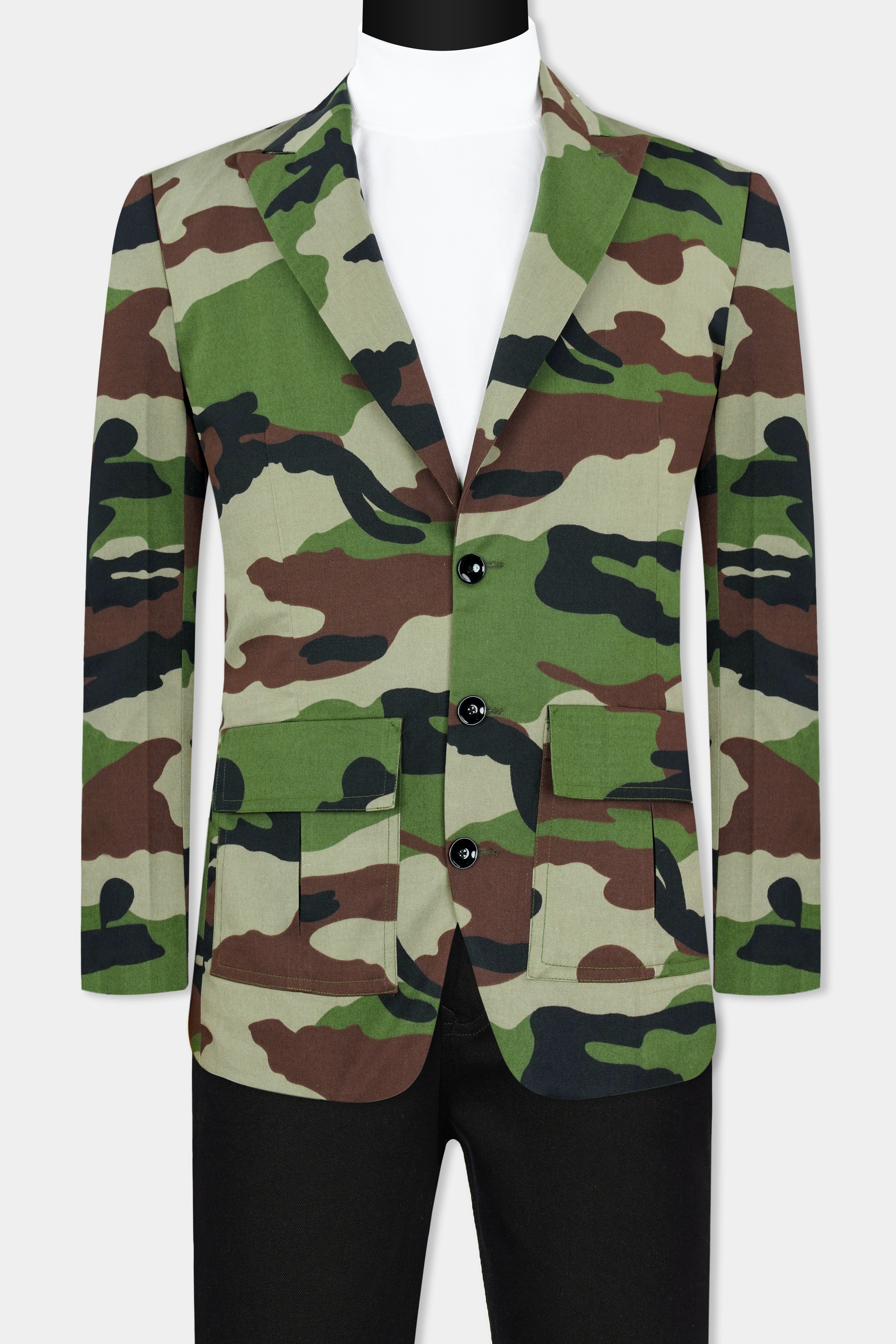 Beaver Brown and Finch Green Camouflage Premium Cotton Designer Blazer With Jade Black Jeans