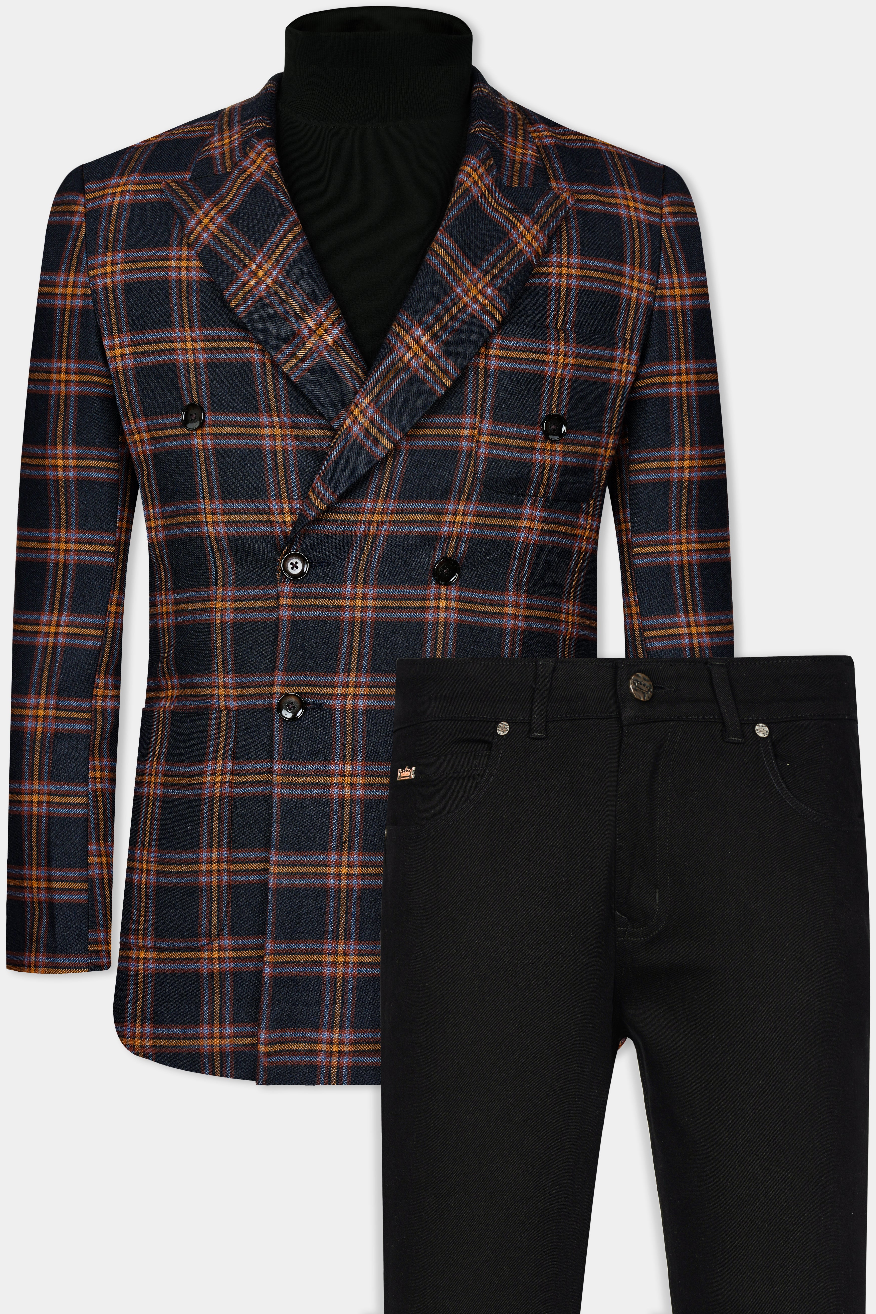 Ebony Blue and Mocha Brown Plaid Tweed Double Breasted Blazer With Jade Black Jeans