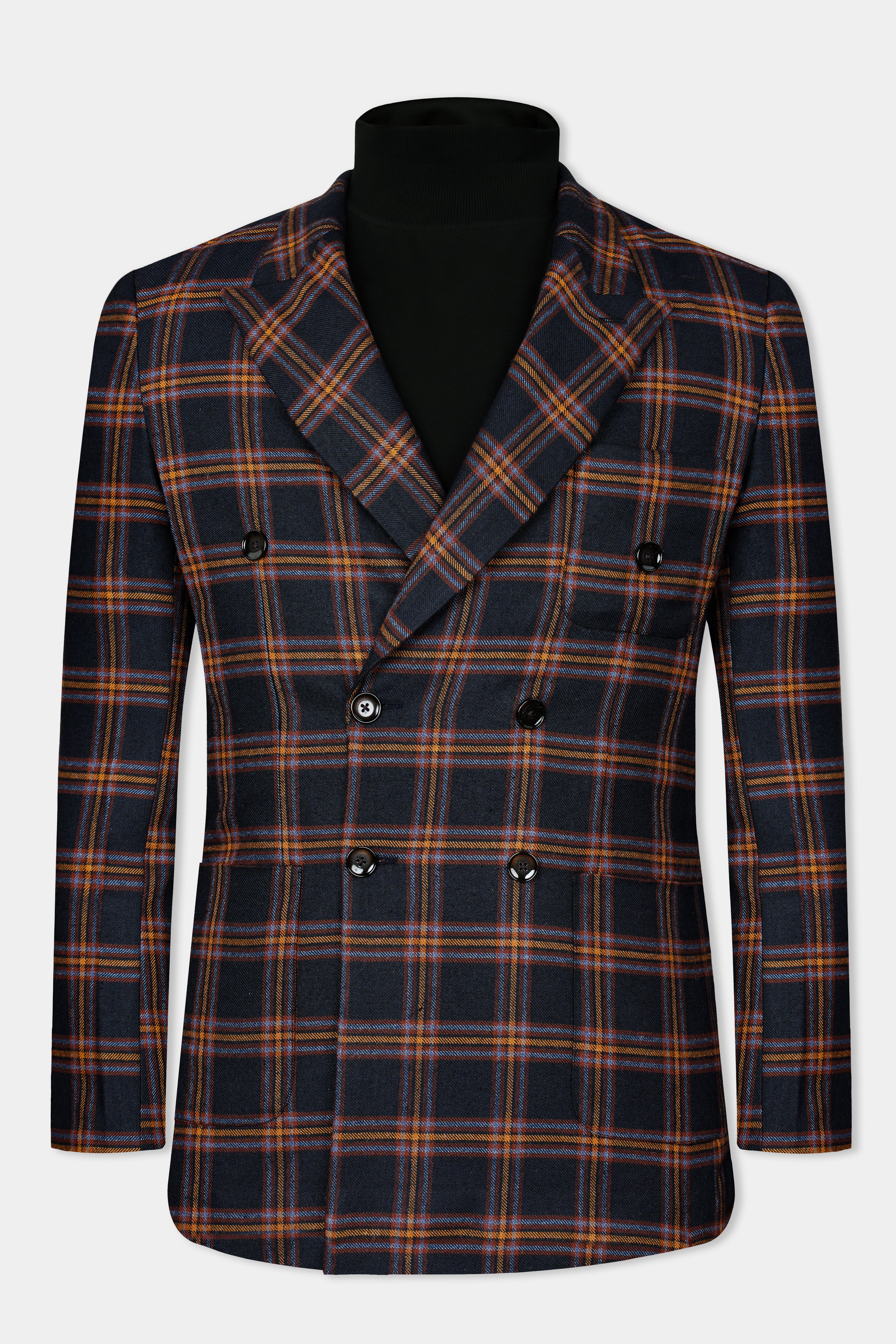 Ebony Blue and Mocha Brown Plaid Tweed Double Breasted Blazer With Jade Black Jeans