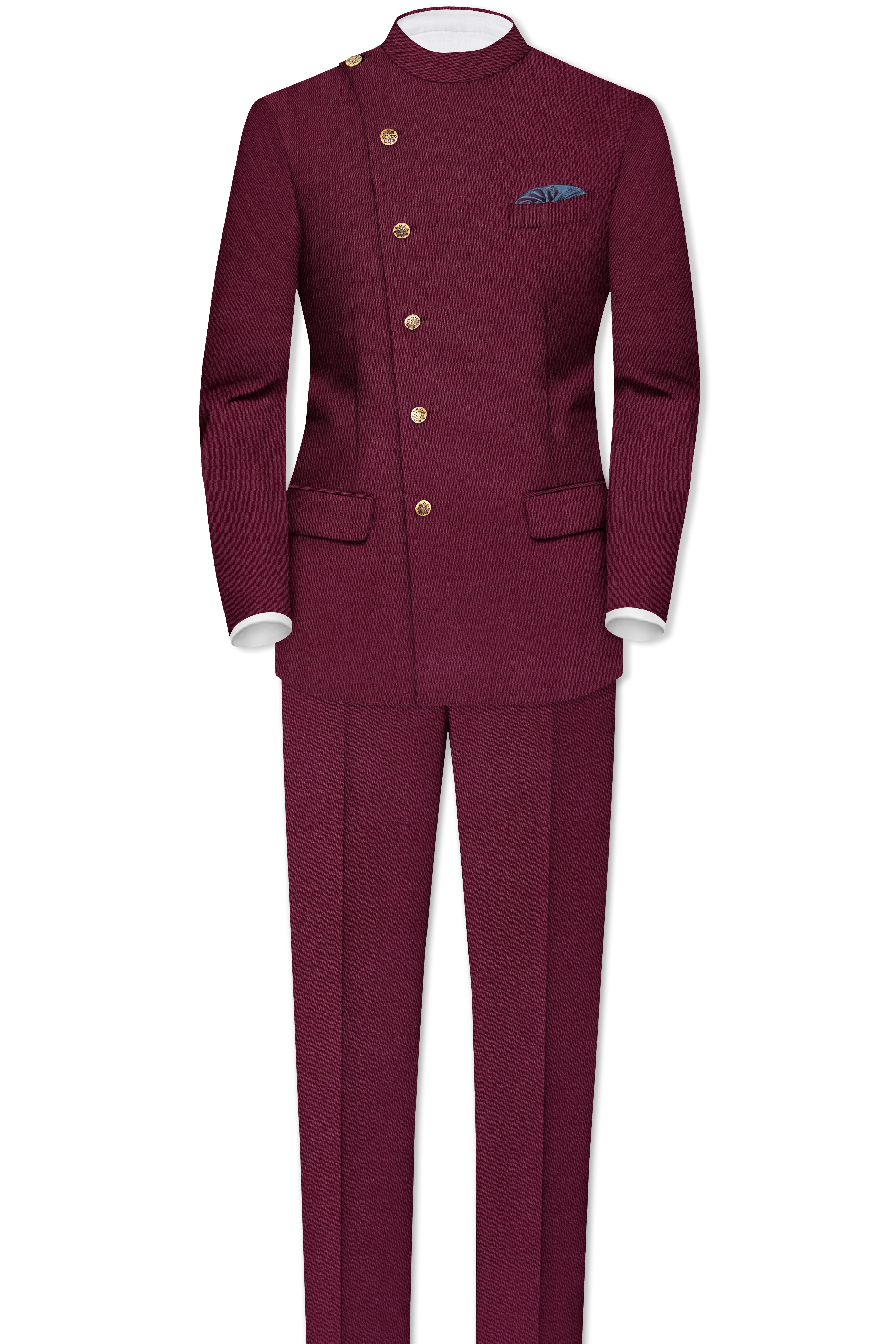 Bordeaux Maroon Cross Placket Wool Rich Bandhgala Suit