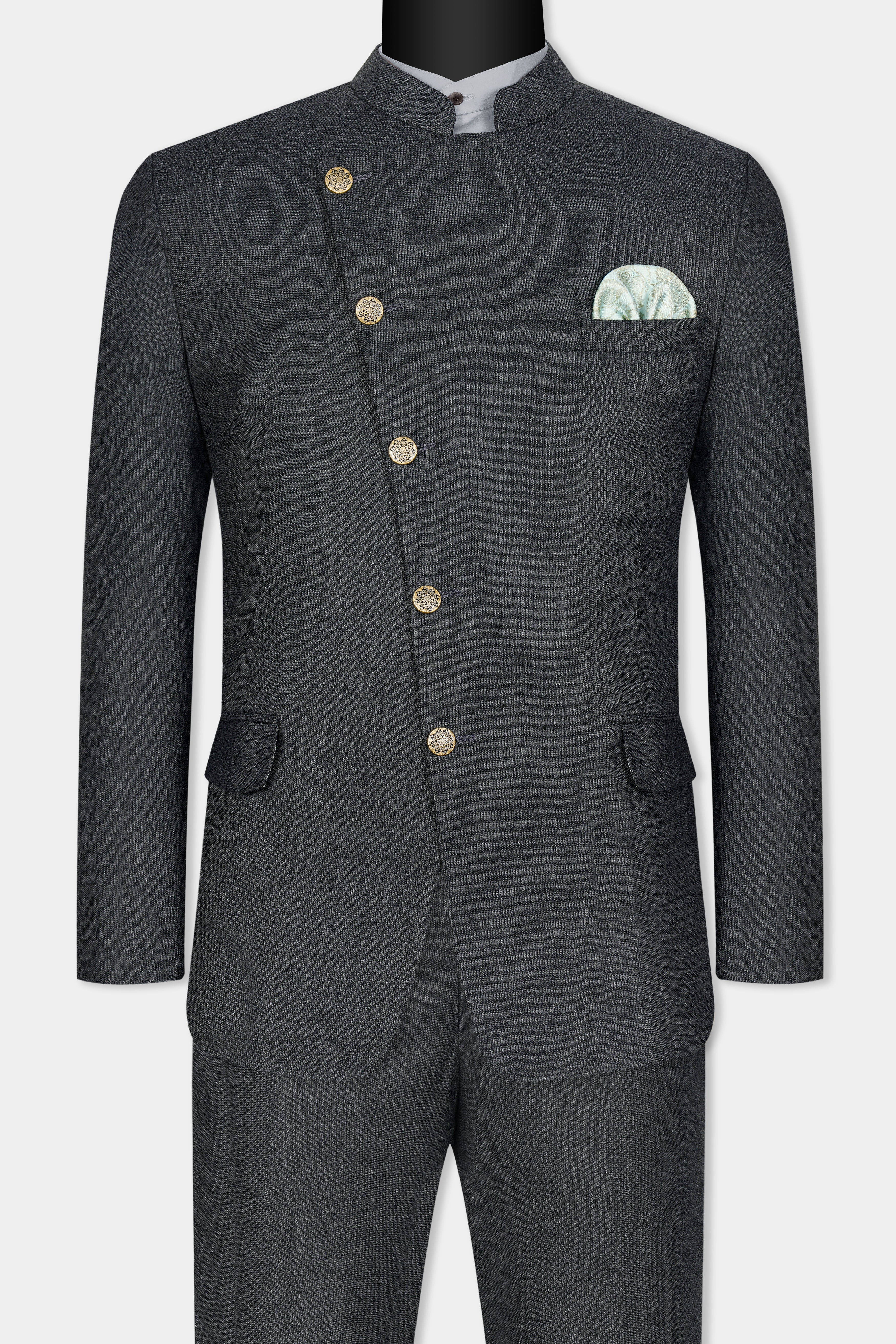 Gunmetal Grey Cross Buttoned Wool Rich Bandhgala Suit ST3069-CBG-36, ST3069-CBG-38, ST3069-CBG-40, ST3069-CBG-42, ST3069-CBG-44, ST3069-CBG-46, ST3069-CBG-48, ST3069-CBG-50, ST3069-CBG-52, ST3069-CBG-54, ST3069-CBG-56, ST3069-CBG-58, ST3069-CBG-60