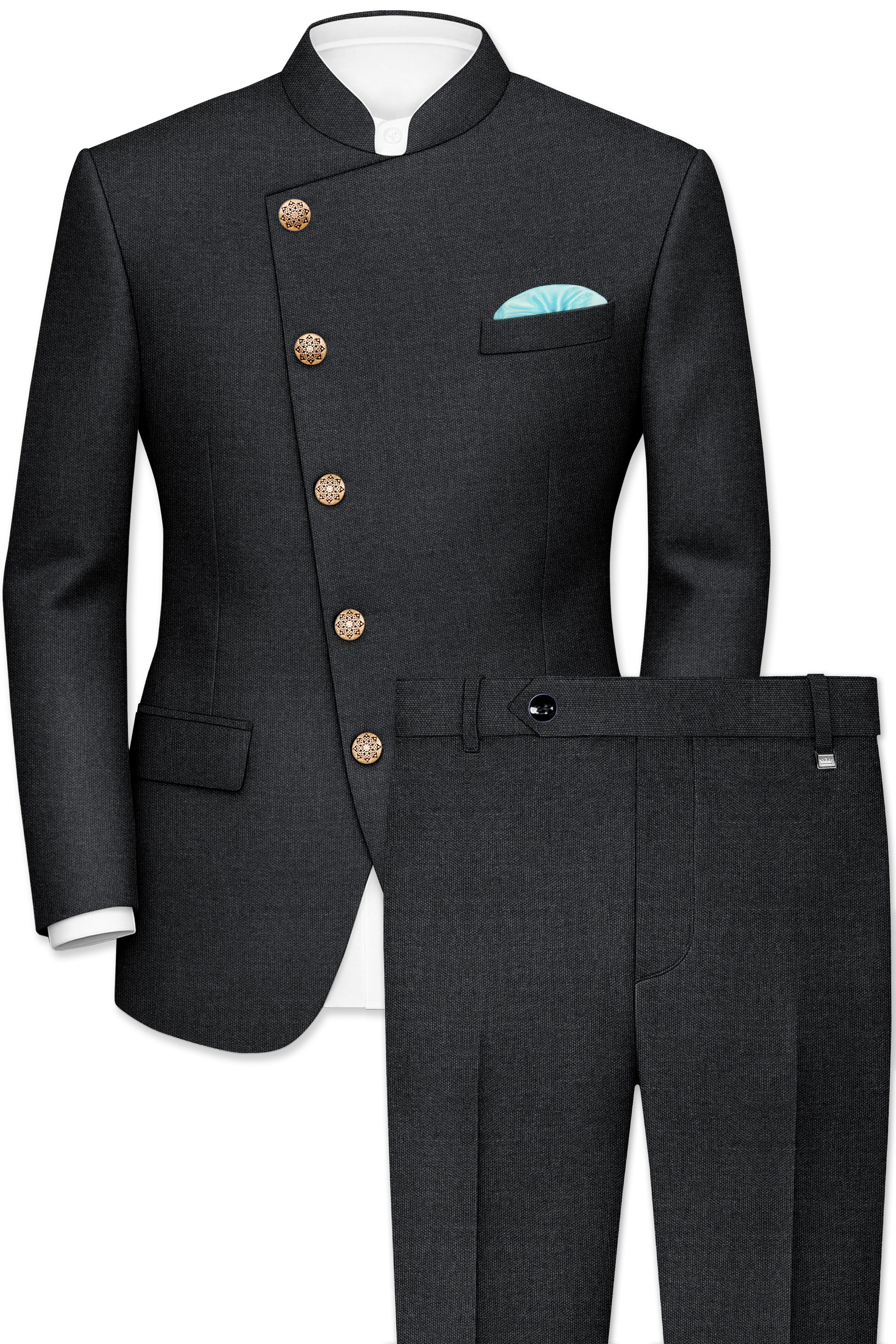 Gunmetal Grey Cross Placket Wool Rich Bandhgala Suit