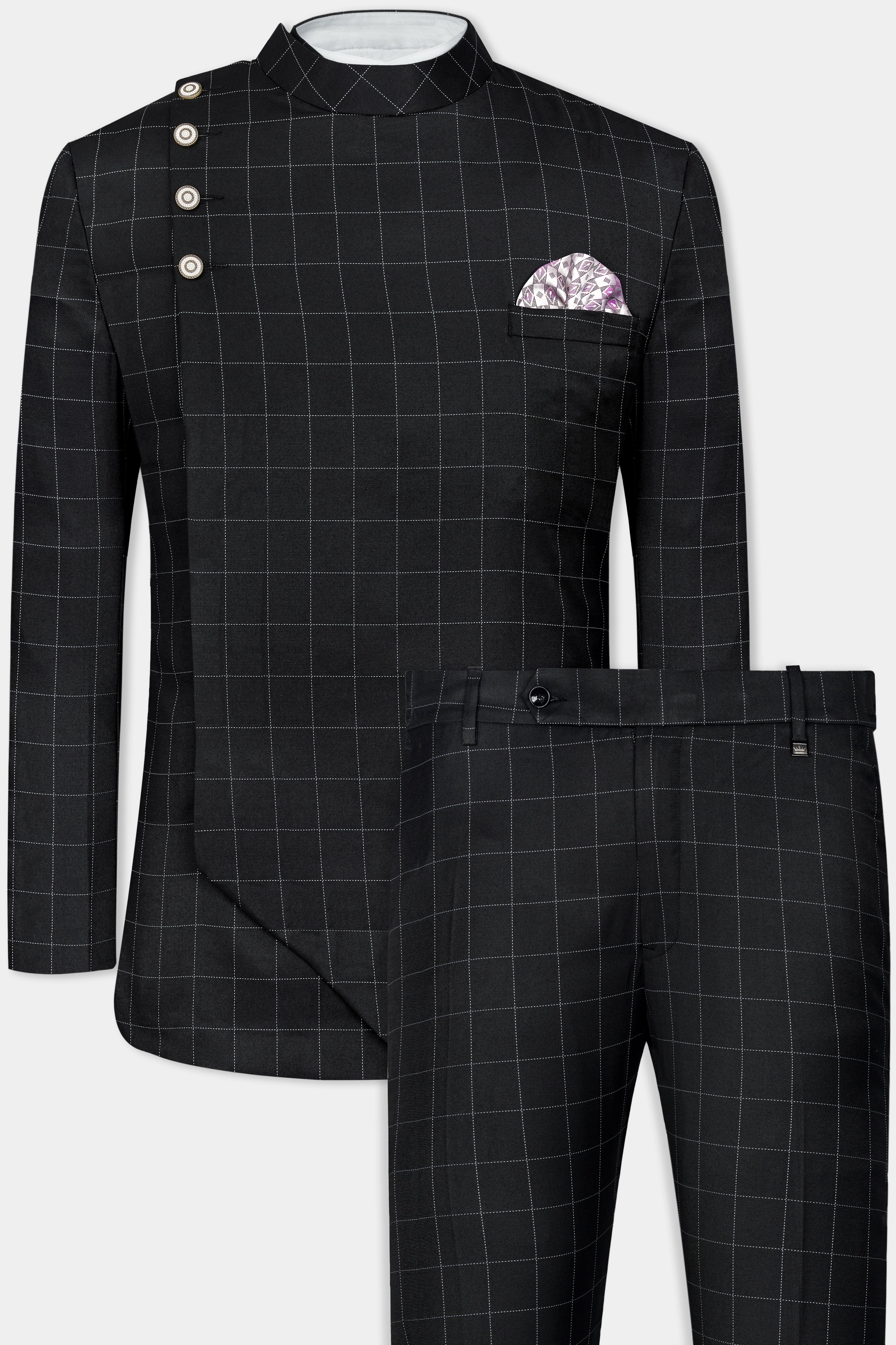 Jade Black Windowpane Wool Rich Bandhgala Designer Suit ST3070-CBG-36, ST3070-CBG-38, ST3070-CBG-40, ST3070-CBG-42, ST3070-CBG-44, ST3070-CBG-46, ST3070-CBG-48, ST3070-CBG-50, ST3070-CBG-52, ST3070-CBG-54, ST3070-CBG-56, ST3070-CBG-58, ST3070-CBG-60