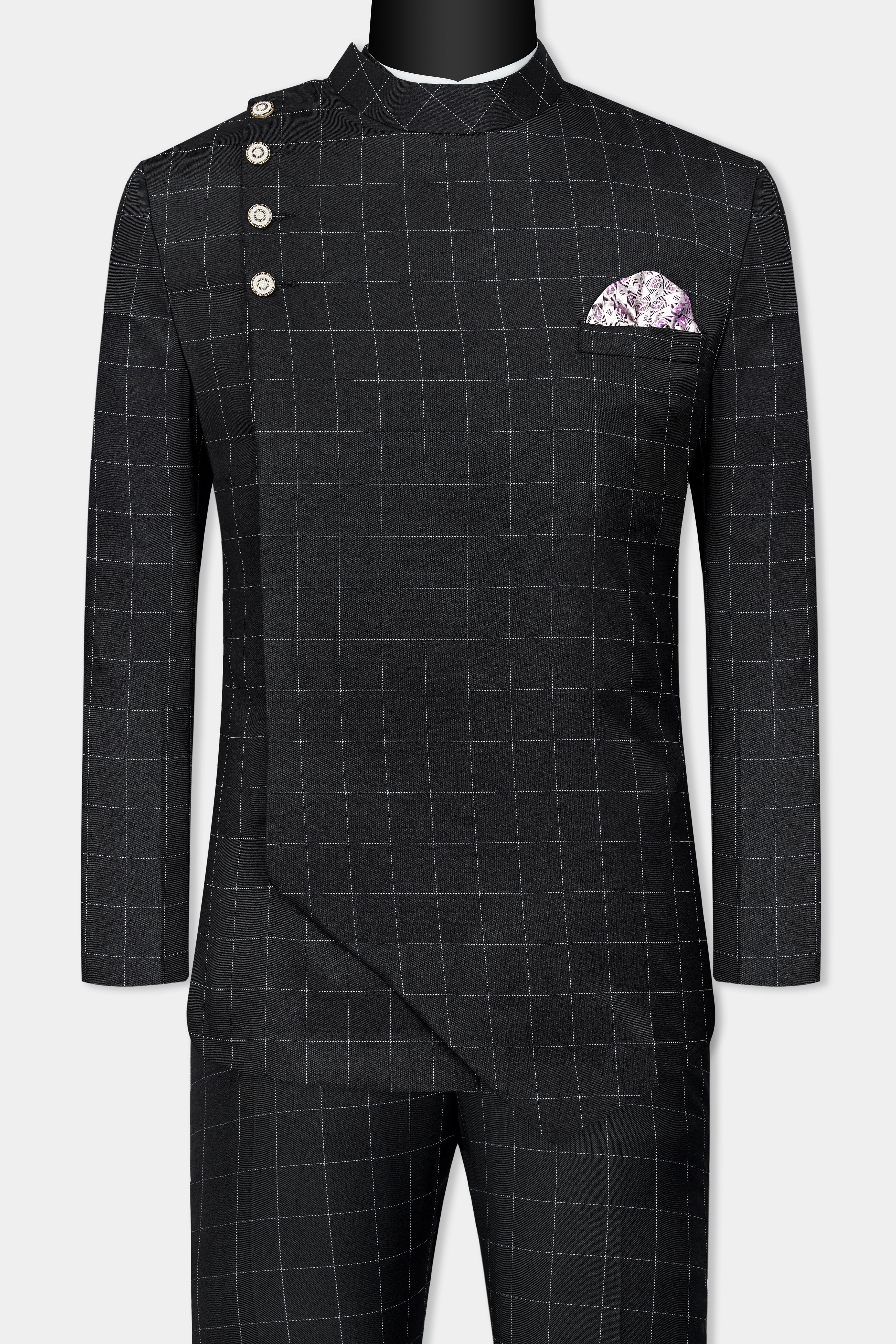 Jade Black Windowpane Wool Rich Bandhgala Designer Suit ST3070-CBG-36, ST3070-CBG-38, ST3070-CBG-40, ST3070-CBG-42, ST3070-CBG-44, ST3070-CBG-46, ST3070-CBG-48, ST3070-CBG-50, ST3070-CBG-52, ST3070-CBG-54, ST3070-CBG-56, ST3070-CBG-58, ST3070-CBG-60