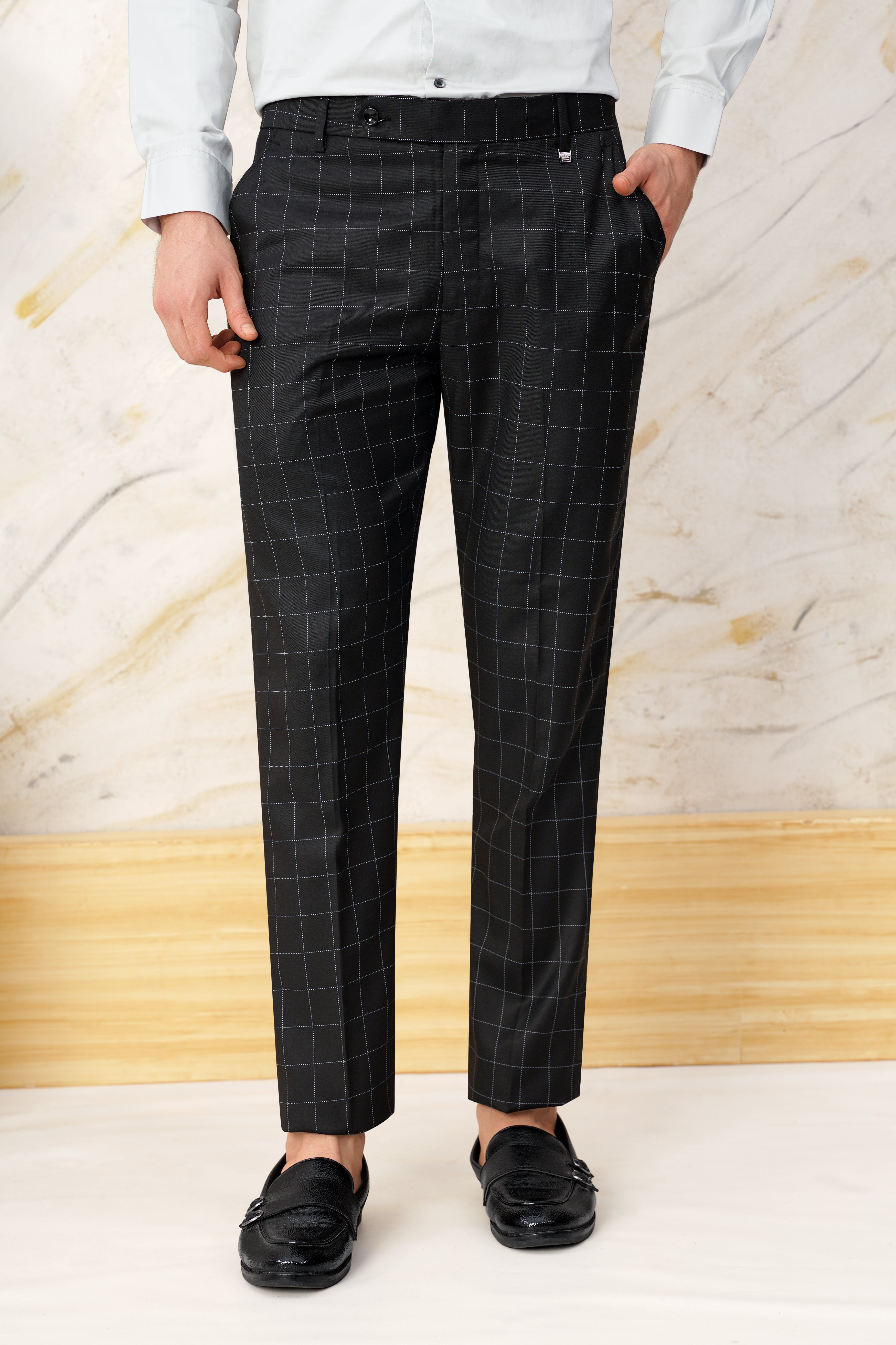 Jade Black Windowpane Wool Rich Bandhgala Designer Suit ST3070-CBG-36, ST3070-CBG-38, ST3070-CBG-40, ST3070-CBG-42, ST3070-CBG-44, ST3070-CBG-46, ST3070-CBG-48, ST3070-CBG-50, ST3070-CBG-52, ST3070-CBG-54, ST3070-CBG-56, ST3070-CBG-58, ST3070-CBG-60