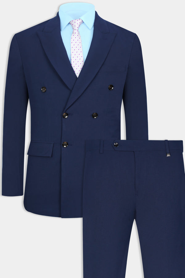 Cloud Burst Blue Wool Rich Double Breasted Stretchable Traveler  Suit