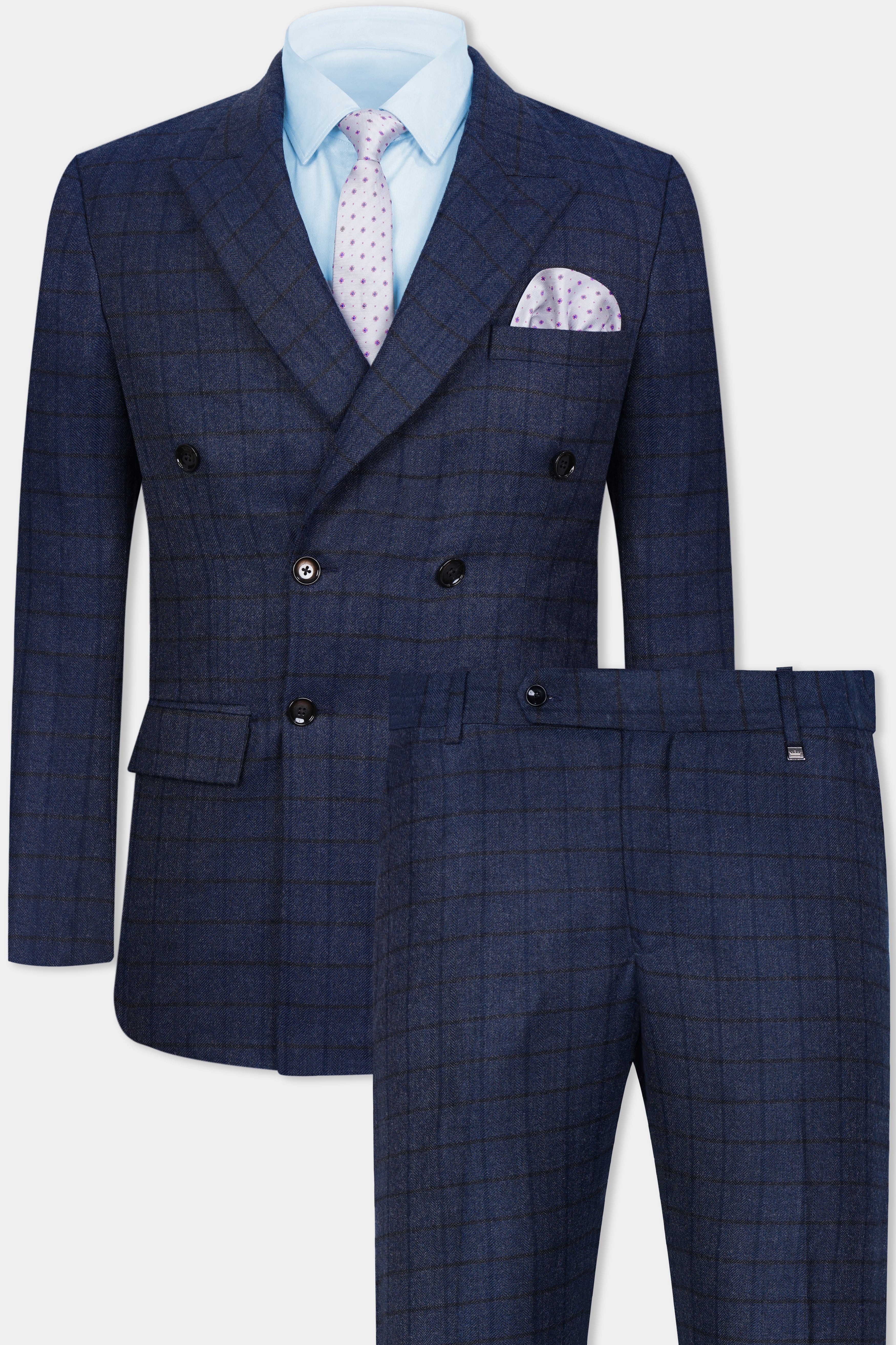 Ebony Clay Blue Windowpane Tweed Double Breasted Suit