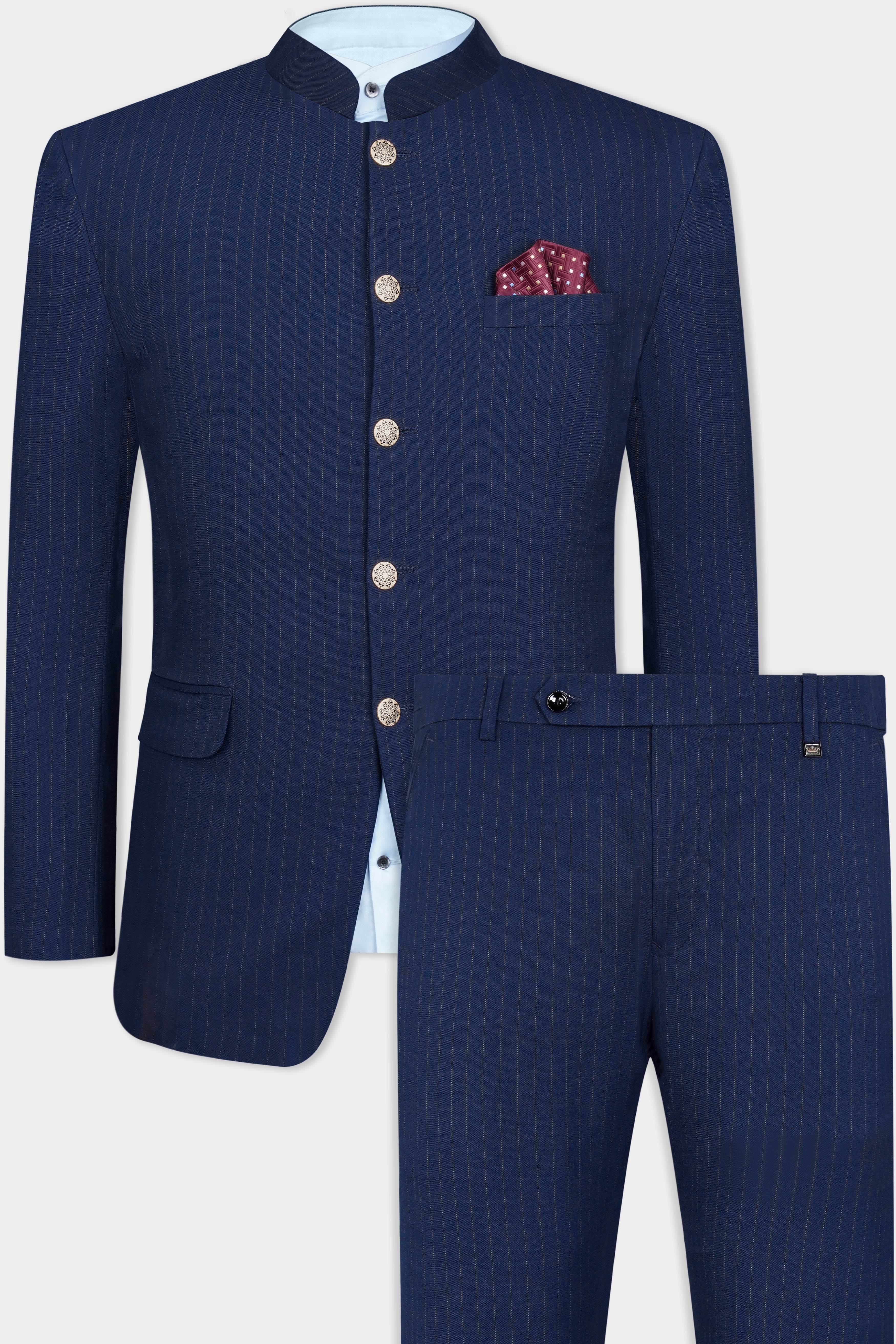 Ebony Clay Blue Stripes Premium Cotton Bandhgala/Jodhpuri Suits