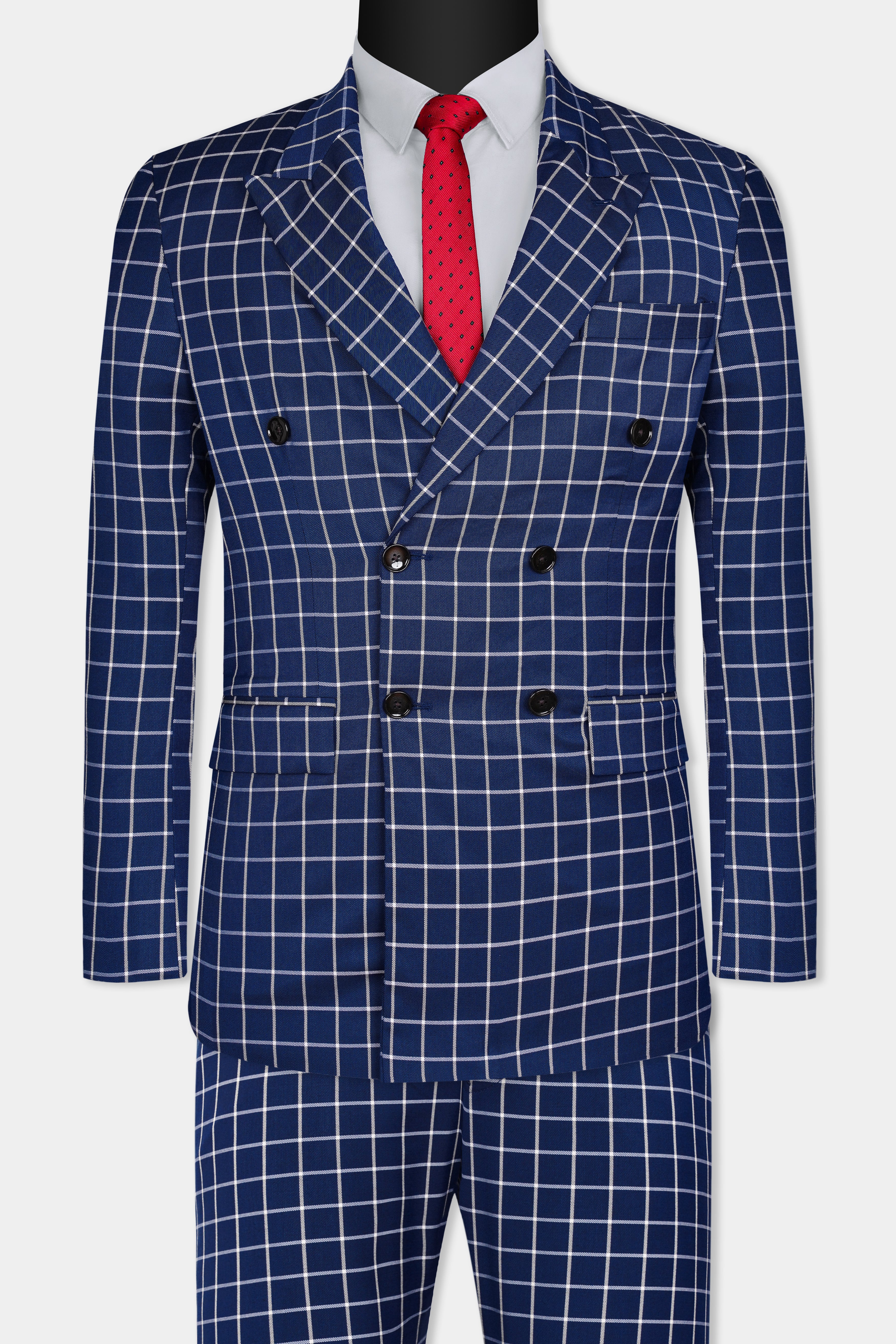 Marine Blue and White Windowpane Wool Rich Double Breasted Suit
