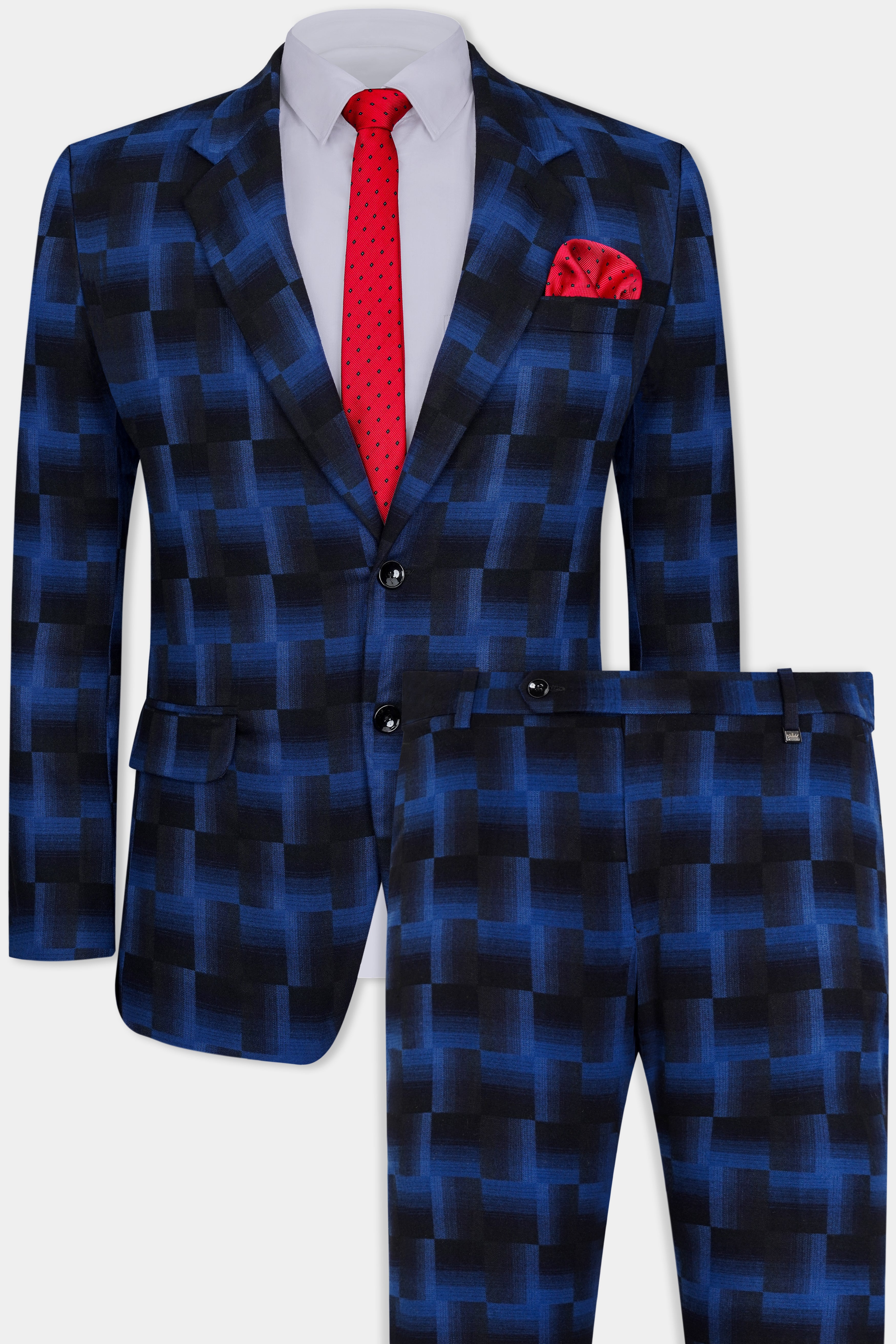 Marine Blue and Black Geometric Pattern Wool Rich Suit