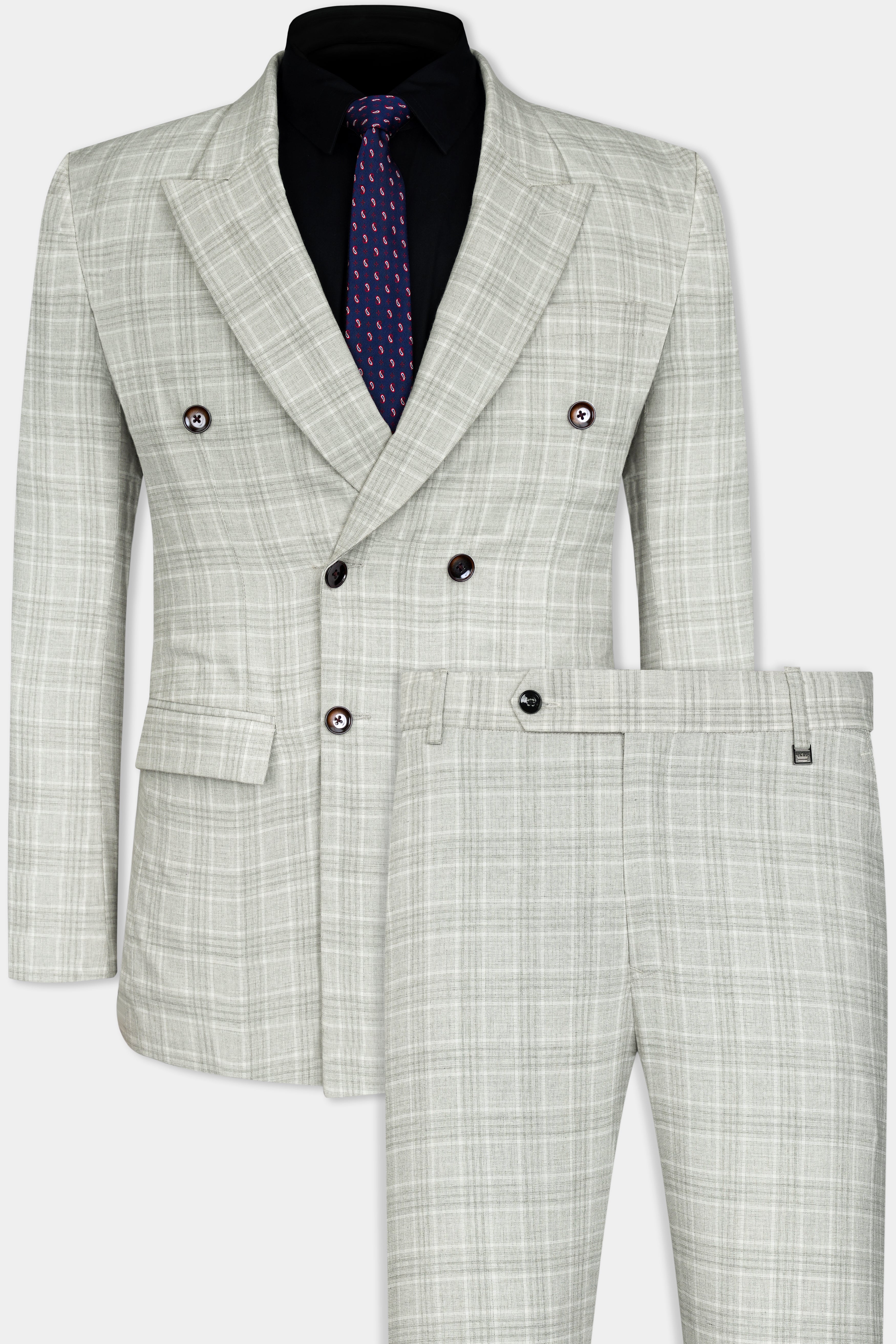 Cloud Gray Plaid Wool Rich Double Breasted Suit