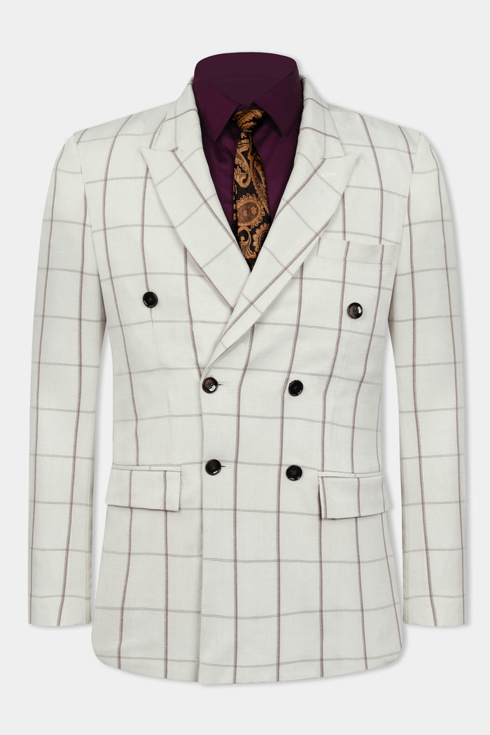IRON CREAM WINDOWPANE WOOL RICH DOUBLE BREASTED SUIT