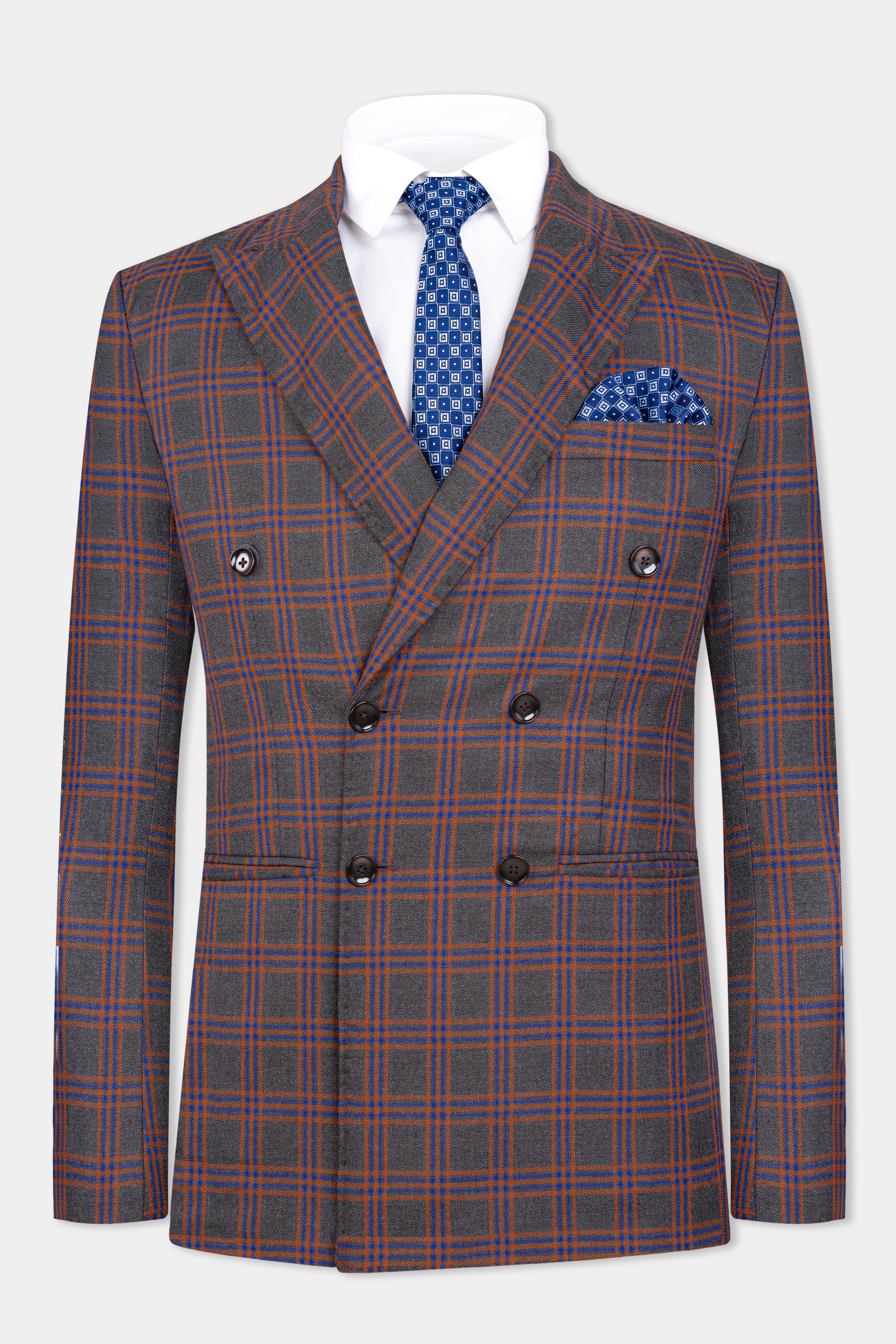 Emperor Gray and Russet Brown Plaid Tweed Double Breasted Suit