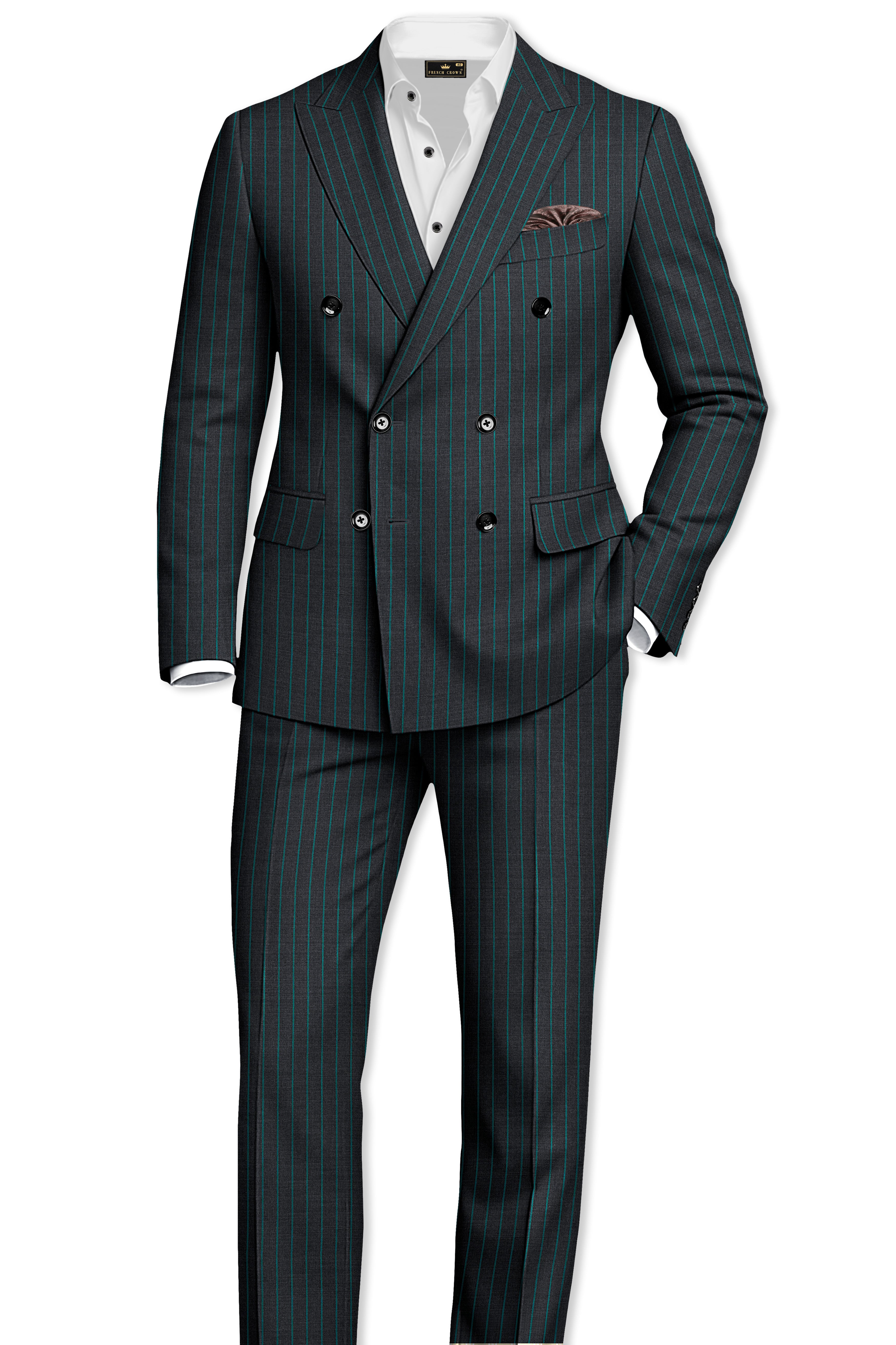 Gravel Gray and Lagoon Blue Striped Wool Rich Double Breasted Suit