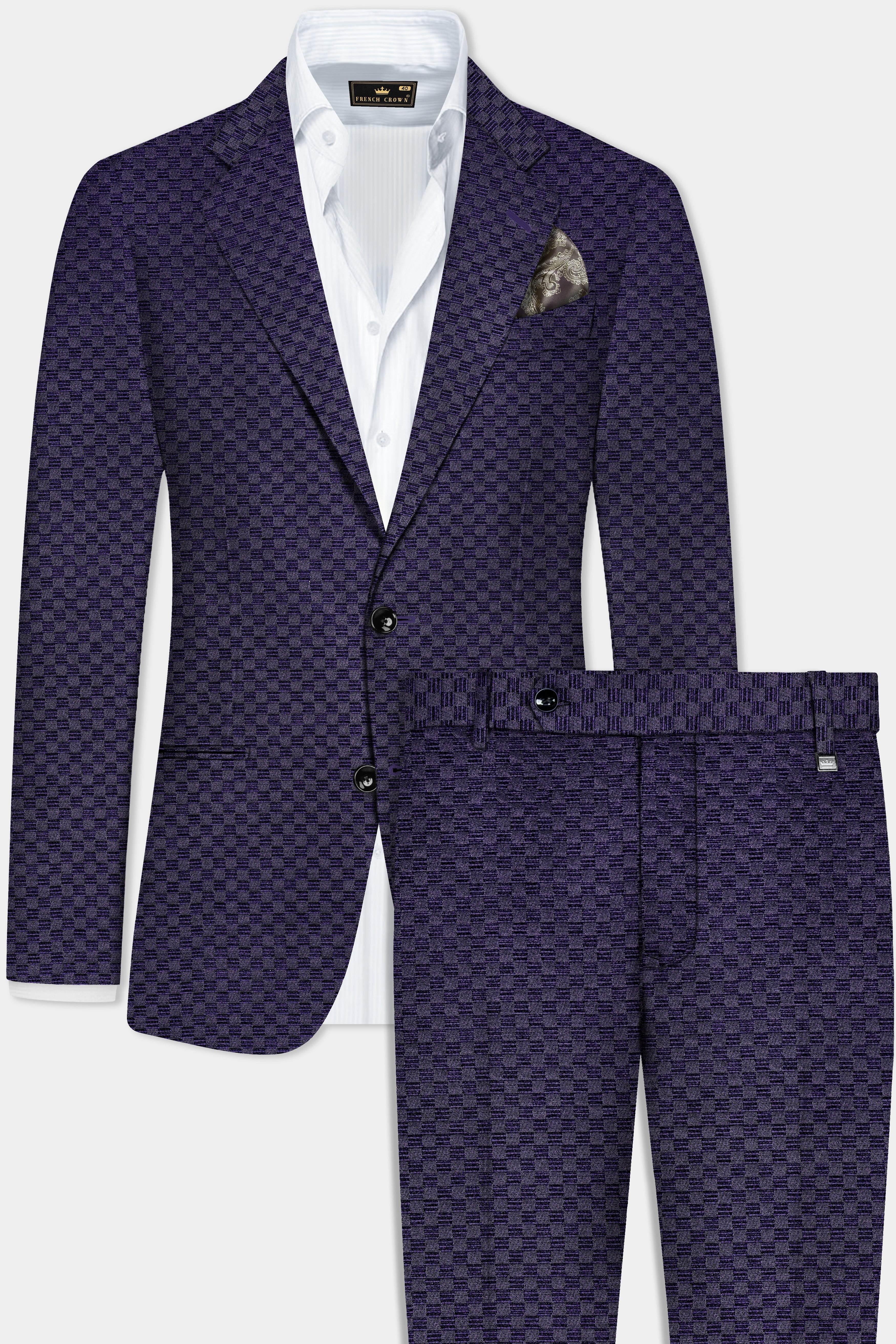 Ebony Purple Checkerboard Jacquard Textured Designer Suit