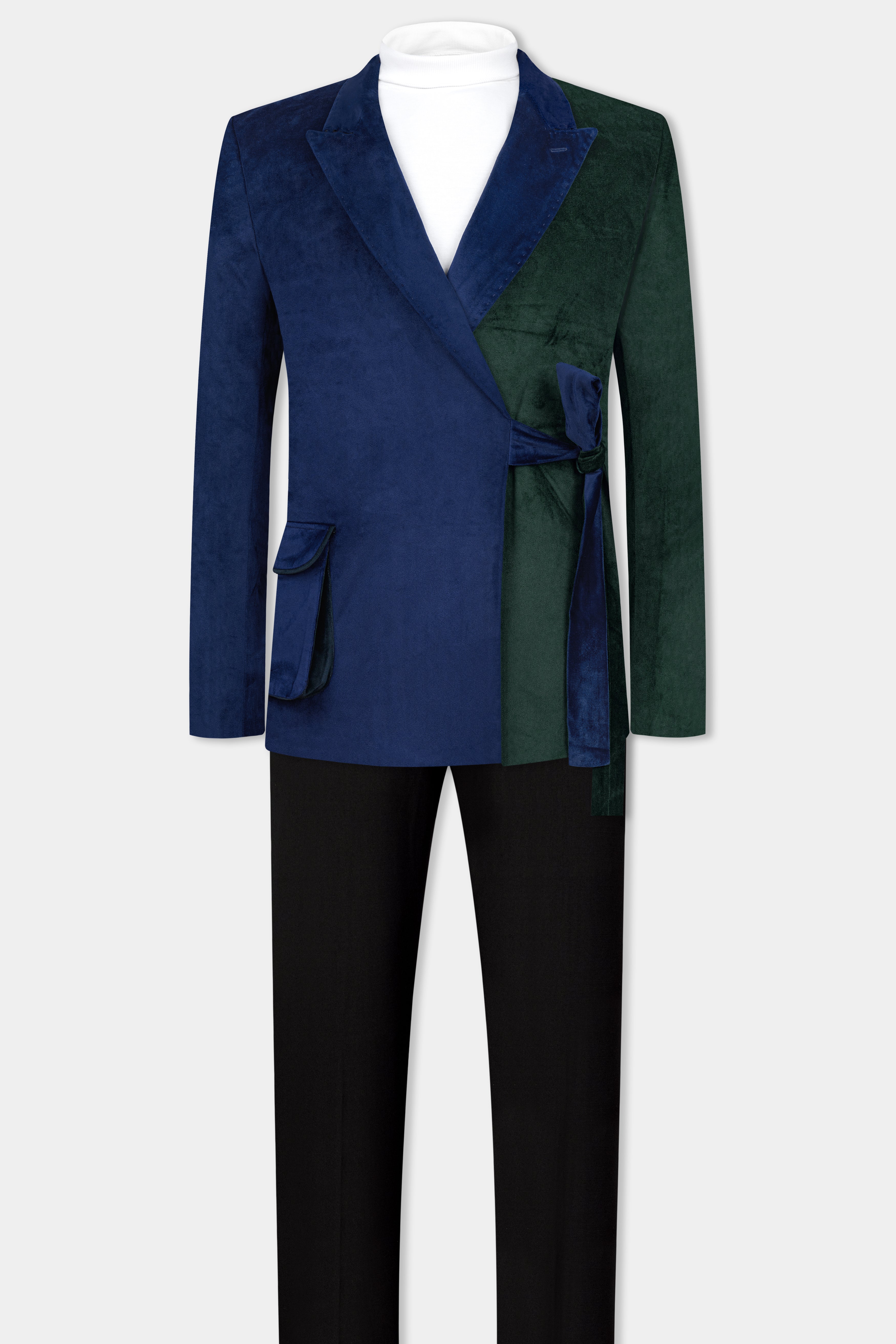 Downriver Blue and Green Velvet Designer Suit with Belt Closure