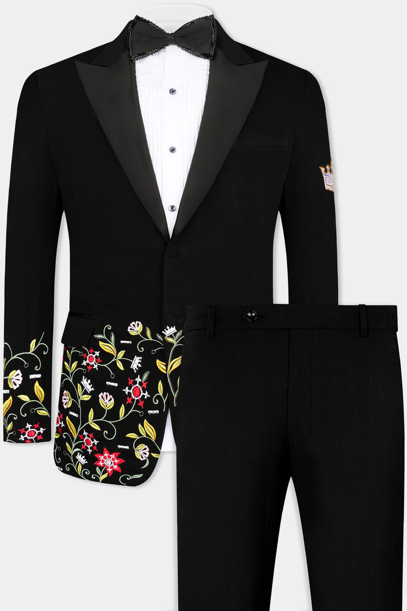 KOREAN BLACK (THE BEST BLACK WE HAVE) FLORAL EMBROIDERED WOOL RICH DESIGNER TUXEDO SUIT