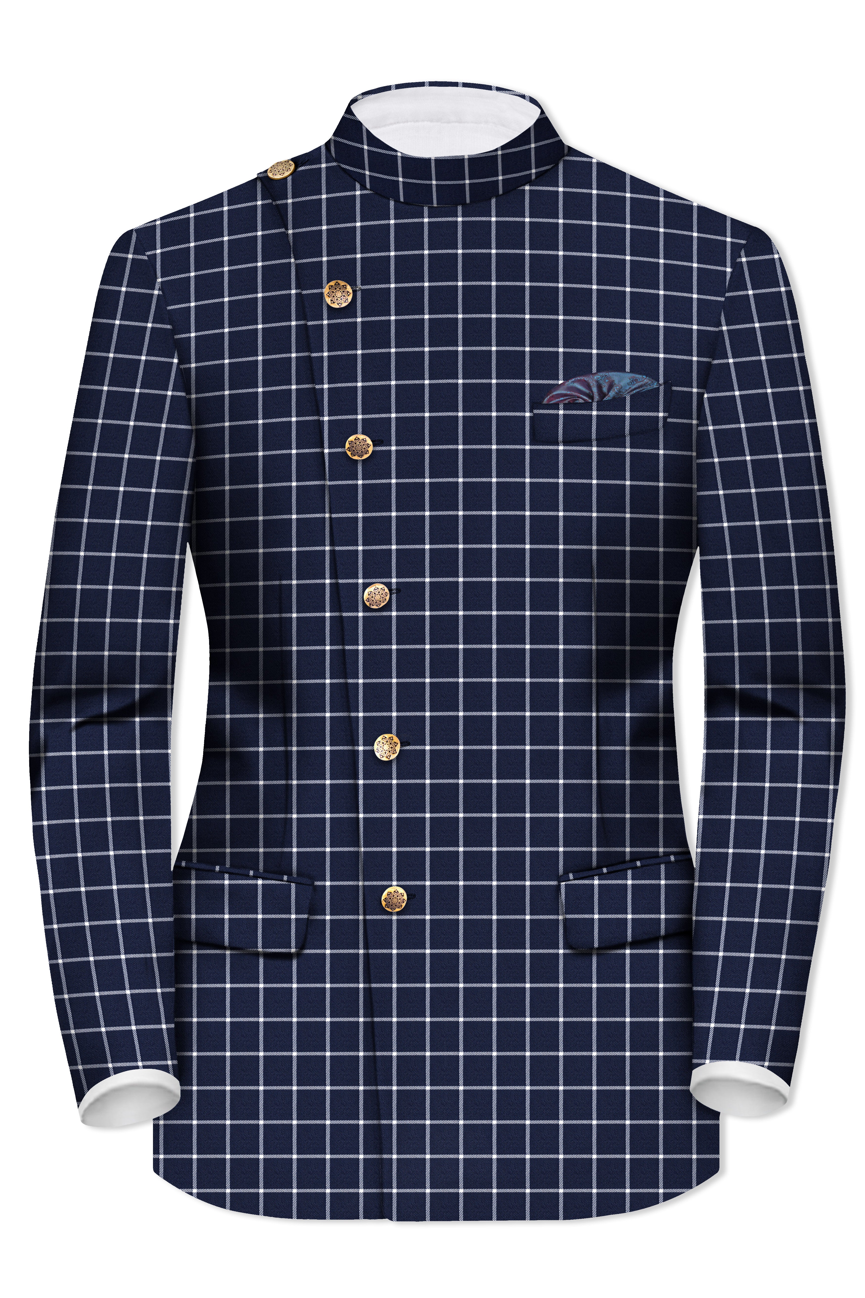 Admiral Blue and White Windowpane Wool Rich Cross Placket Bandhgala Suit