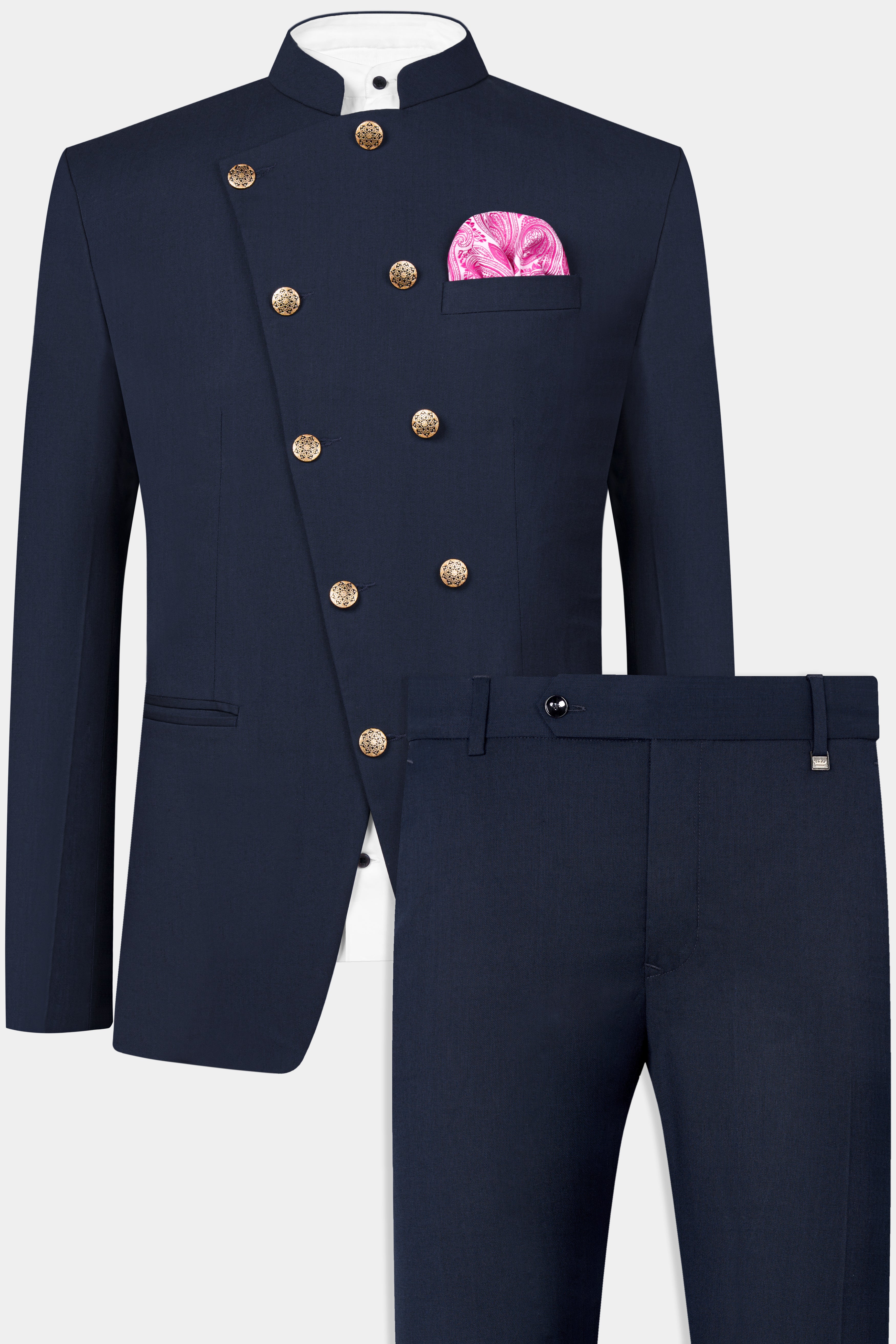 Cinder Blue Wool Rich Cross Placket Bandhgala Suit
