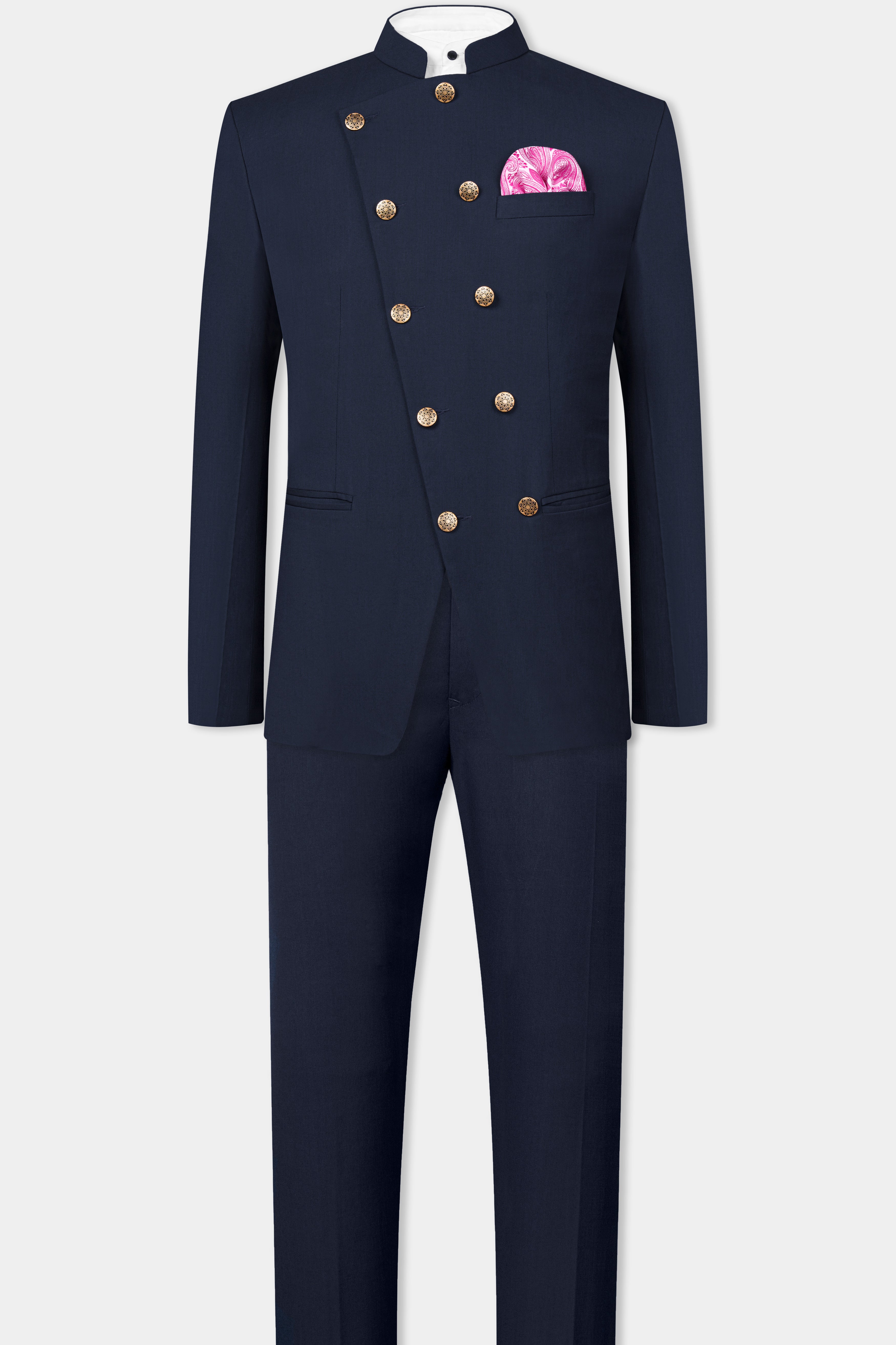 Cinder Blue Wool Rich Cross Placket Bandhgala Suit